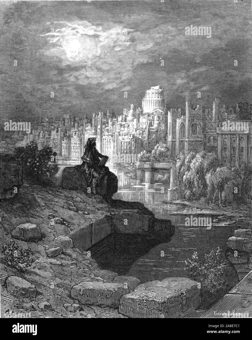 'The New Zealander', 1872. A figure sits on the banks of the River Thames contemplating the downfall of the city. From, &quot;LONDON. A Pilgrimage&quot; by Gustave Dore and Blanchard Jerrold. [Grant and Co., 72-78, Turnmill Street, E.C., 1872]. Stock Photo