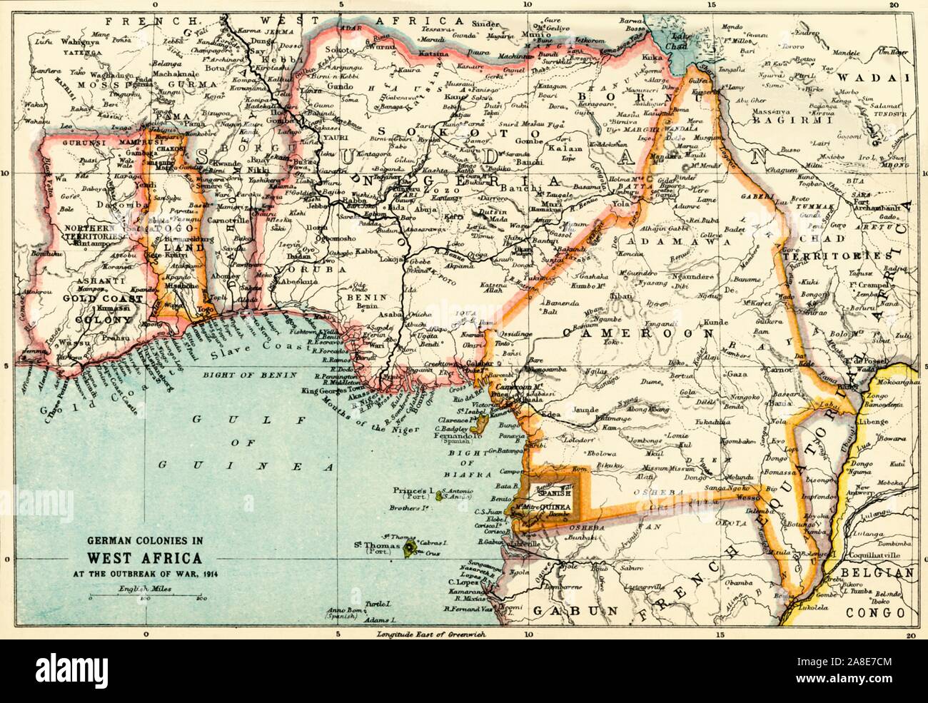 'German Colonies in West Africa at the Outbreak of War, 1914', (c1920). Map of African territory occupied by European powers at the start of the First World War, including French West Africa, Gold Coast Colony, Togoland, Nigeria, Cameroon, Spanish Guinea, French Equatorial Africa and the Belgian Congo. Also shown is the 'Slave Coast'. From &quot;The Great World War: A History&quot;, Volume V, edited by Frank A Mumby. [The Gresham Publishing Company Ltd, London, c1920] Stock Photo