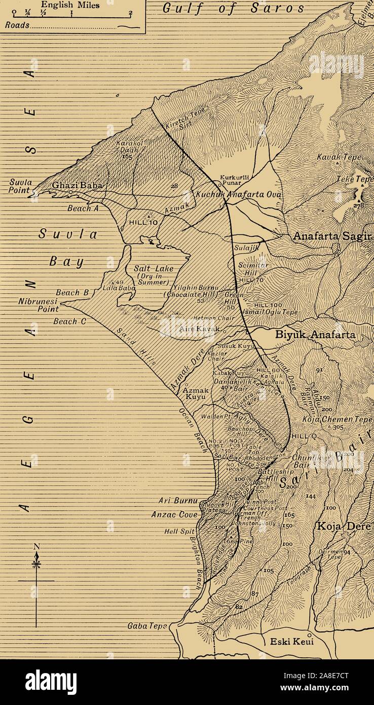 'The Suvla and Anzac Line', First World War, August 1915, (c1920). '...map showing approximately by the shaded portion the area occupied after the linking up of the two armies in August, 1915'. The landing at Suvla Bay on the coast of the Gallipoli peninsula in Turkey was part of the August Offensive. The area was the scene of heavy fighting between the allied forces of the British Empire including Australia, and New Zealand (ANZACs), and the Turkish Ottoman Empire. From &quot;The Great World War: A History&quot;, Volume V, edited by Frank A Mumby. [The Gresham Publishing Company Ltd, London, Stock Photo
