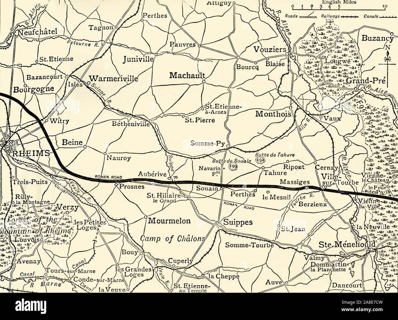 'The Battle-fields of Champagne', First World War, 1915, (c1920). '...map showing approximately the French line between Rheims and the Argonne Forest [in northern France] before the great offensive of September, 1915'. From &quot;The Great World War: A History&quot;, Volume V, edited by Frank A Mumby. [The Gresham Publishing Company Ltd, London, c1920] Stock Photo