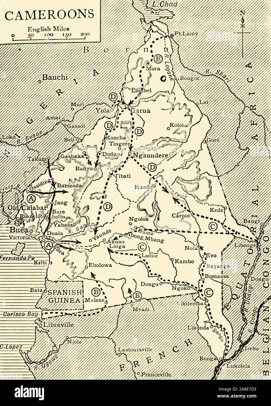 'The Conquest of the Cameroons', First World War, 1914-1916, (c1920). '...map showing approximately how the colony was cleared of the German troops, and the scene of the escape of their main force into Spanish Guinea'. Also shown are: 'A, General [Charles Macpherson] Dobell's main columns, with French columns under Colonel Mayer. B, French southern columns. C, Franco-Belgian columns from French Equatorial Africa and Belgian Congo. D, Franco- British columns under Brigadier-General [Frederick Hugh] Cunliffe. E, Northern column under Lieutenant-Colonel Brisset'. German Cameroon was an African co Stock Photo