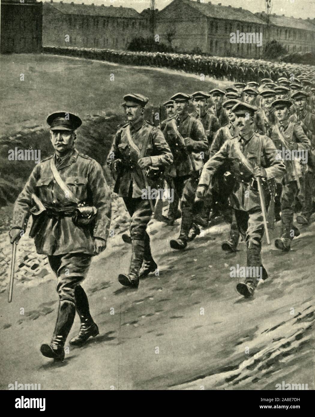 Captain William Redmond leading Irish troops at the Front, First World War, 1916, (c1920). 'While the Sinn Feiners were rebelling in Ireland: Captain William Redmond, M.P. [1886-1932], brother of Mr. John Redmond, leading Irish troops at the Front...&quot;Is it not an additional horror&quot;, said the Irish leader, Mr. John Redmond, &quot;that on the very day when we hear that men of the Dublin Fusiliers have been killed by Irishmen in the streets of Dublin, we receive the news of how the men of the 16th division - our own Irish Brigade, and of the same Dublin Fusiliers - had dashed forward an Stock Photo
