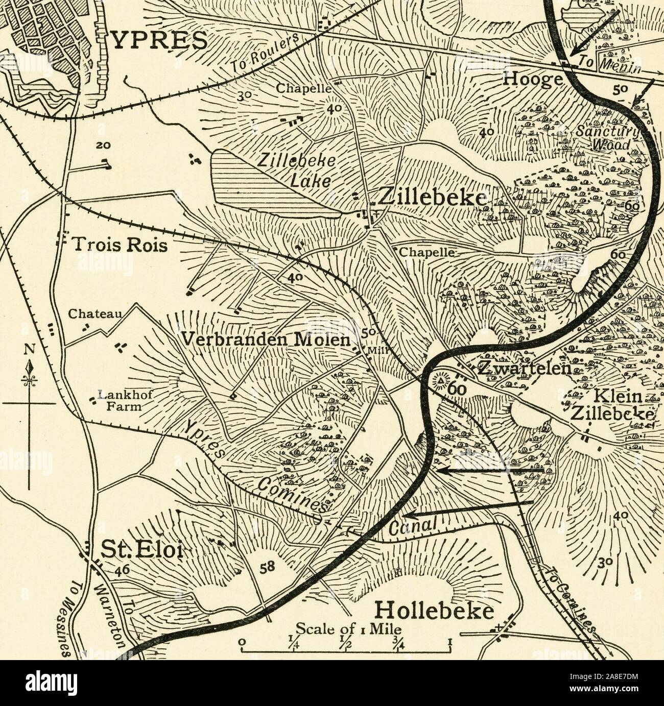 'Map showing the Scene of the German Attacks East and South-east of Ypres, [Belgium], First World War, February 1916, (c1920). 'The &quot;Bluff&quot; and International Trench lie on the wooded hill north of the Ypres-Comines Canal and south of Hill 60'. From &quot;The Great World War: A History&quot;, Volume V, edited by Frank A Mumby. [The Gresham Publishing Company Ltd, London, c1920] Stock Photo