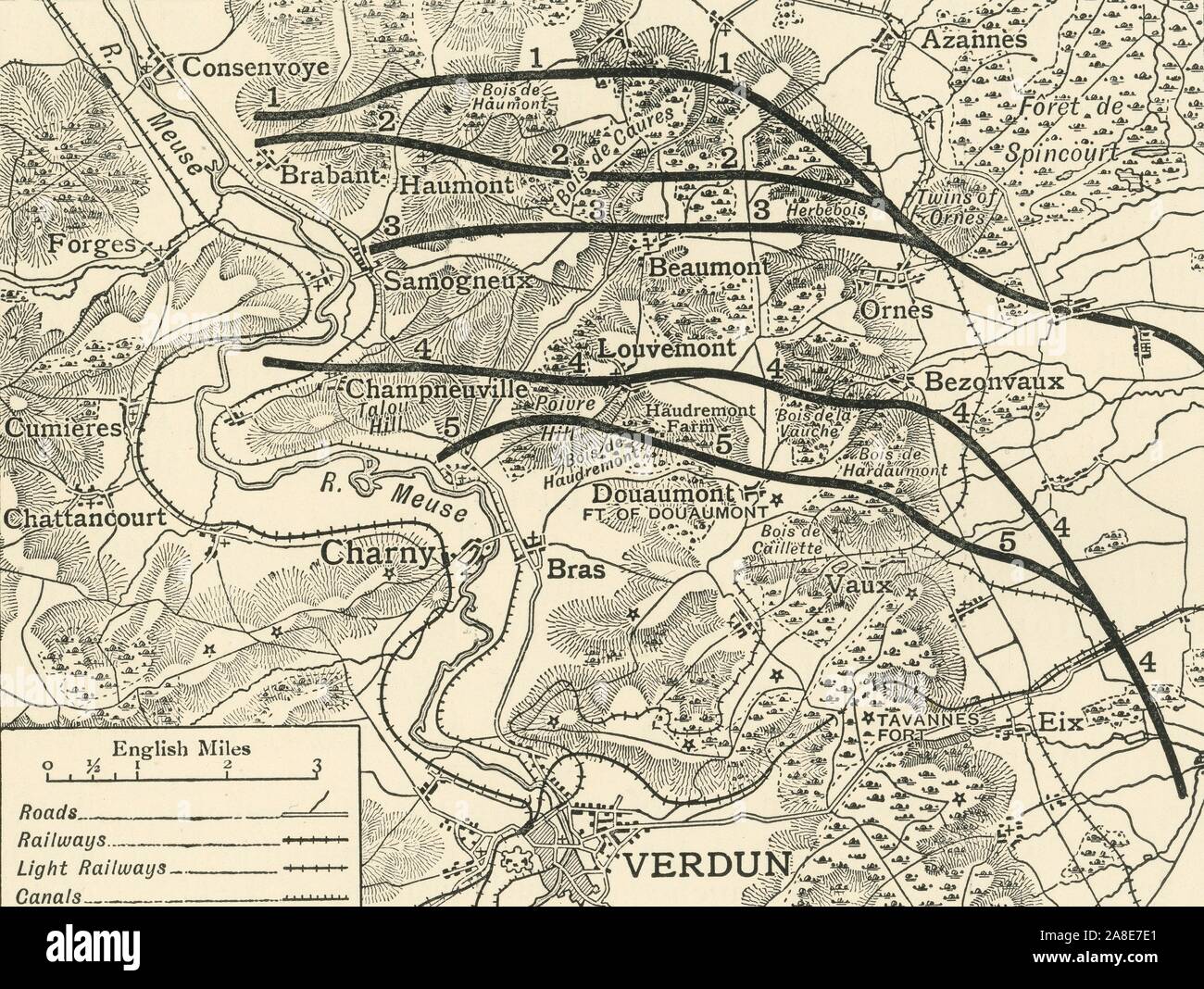 'Map showing the Various Stages in the First Phase of the Attack on Verdun' northern France, First World War, 1916, (c1920). 'The German attack on the French lines at Verdun began on the east side of the [River] Meuse at dawn on February 21, 1916. The most northerly line drawn on the map shows the French position at the time of the German onset. The other lines show the successive positions taken up by the French as they were forced back on February 22, 23, 24, and 25. On Friday, February 25, the final adjustment of the French line in the first phase of the struggle east of the Meuse took plac Stock Photo