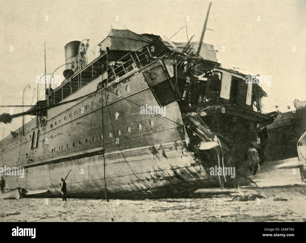 'The Torpedoing of the Channel Steamer Sussex', First World War, March 1916, (c1920). '...view of the vessel beached at Boulogne, showing how the bows were blown clean off by the explosion'. On 24 March 1916, the passenger ferry SS 'Sussex' was torpedoed by a German U-boat in the Channel between Folkestone and Dieppe. The ship was severely damaged and many passengers were drowned - some sources say at least 50 were killed, with the figure 80-100 also suggested. From &quot;The Great World War: A History&quot;, Volume V, edited by Frank A Mumby. [The Gresham Publishing Company Ltd, London, c1920 Stock Photo