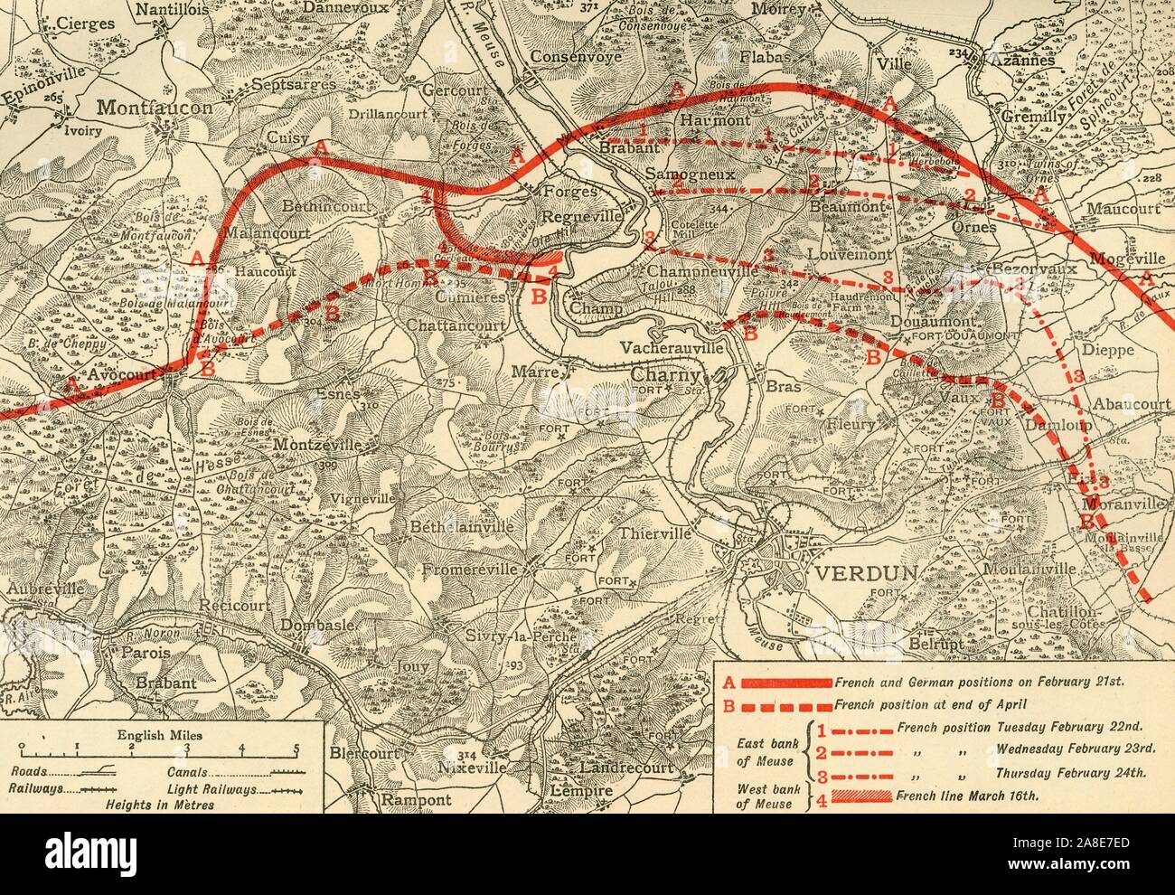 French and German positions in the Battle of Verdun, northern France, First World War, 1916, (c1920). Solid red line indicates French and German positions on 21 February; dotted red line indicates French position at end of April. From &quot;The Great World War: A History&quot;, Volume V, edited by Frank A Mumby. [The Gresham Publishing Company Ltd, London, c1920] Stock Photo