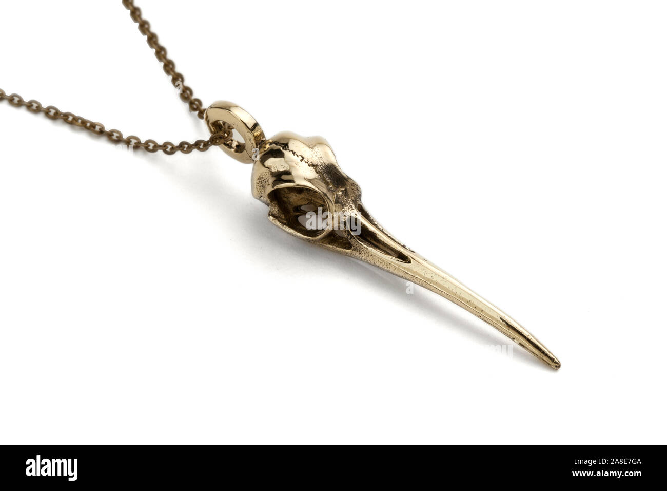 Brass hummingbird skull necklace pendant. Stock Photo