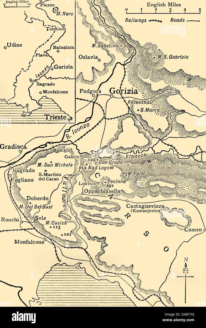 'Gorizia and the Carso: map illustrating the Italian advance towards Trieste in 1916', (c1920). Italian lines in northern Italy during the First World War. From &quot;The Great World War: A History&quot;, Volume VI, edited by Frank A Mumby. [The Gresham Publishing Company Ltd, London, c1920] Stock Photo