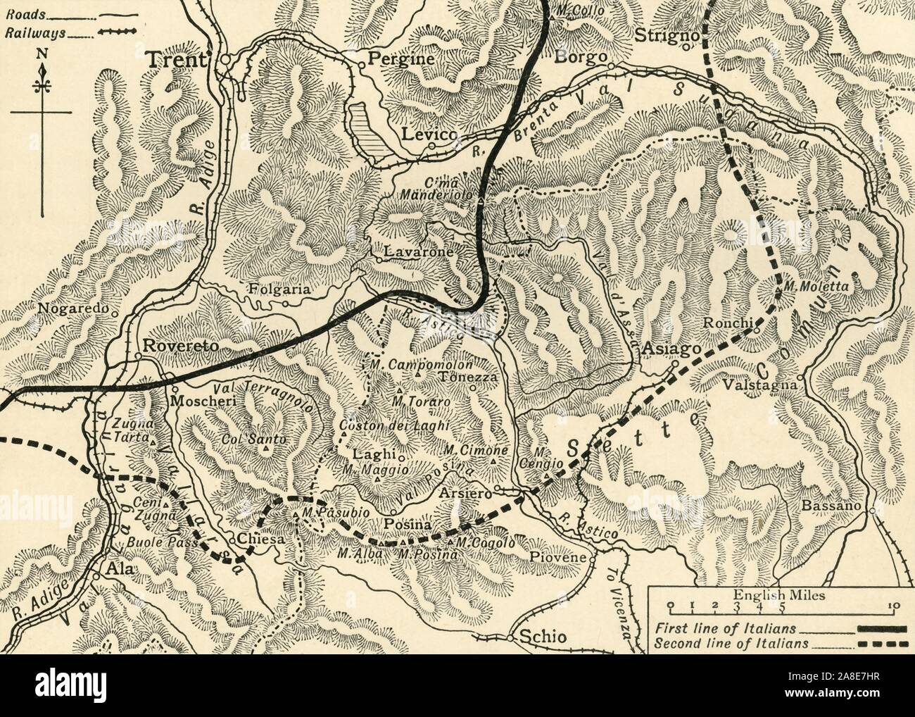 'Map illustrating the Austrian Attack in the Trentino, May, 1916', (c1920). Italian and Austrian lines in northern Italy during the First World War. From &quot;The Great World War: A History&quot;, Volume VI, edited by Frank A Mumby. [The Gresham Publishing Company Ltd, London, c1920] Stock Photo