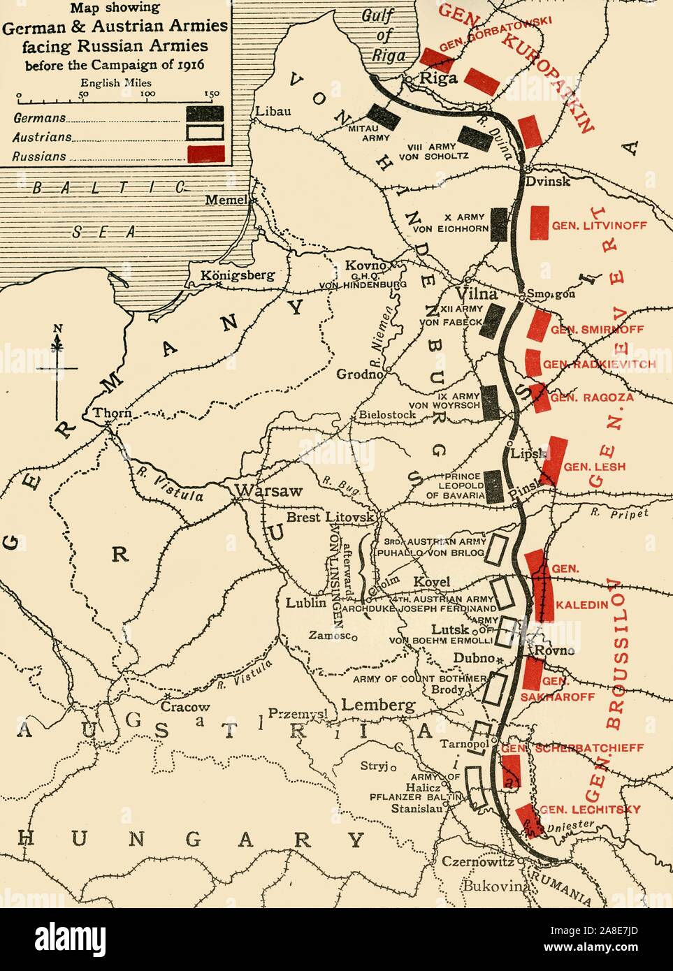 'Map showing German &amp; Austrian Armies facing Russian Armies before the Campaign of 1916', (c1920). Positions of the adversarial armies in eastern Europe during the First World War. From &quot;The Great World War: A History&quot;, Volume VI, edited by Frank A Mumby. [The Gresham Publishing Company Ltd, London, c1920] Stock Photo