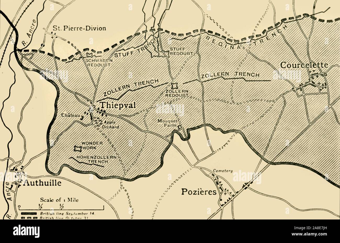 'Map showing approximately the area gained on the Thiepval Ridge between September 14 and October 31, 1916', (c1920). The British line in northern France during the Battle of the Somme, First World War. From &quot;The Great World War: A History&quot;, Volume VI, edited by Frank A Mumby. [The Gresham Publishing Company Ltd, London, c1920] Stock Photo