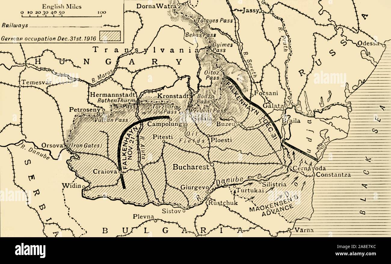 'Map illustrating the Roumanian Campaign to the end of 1916', (c1920). Map of part of eastern Europe, showing German occupation of Rumania during the First World War. From &quot;The Great World War: A History&quot;, Volume VI, edited by Frank A Mumby. [The Gresham Publishing Company Ltd, London, c1920] Stock Photo