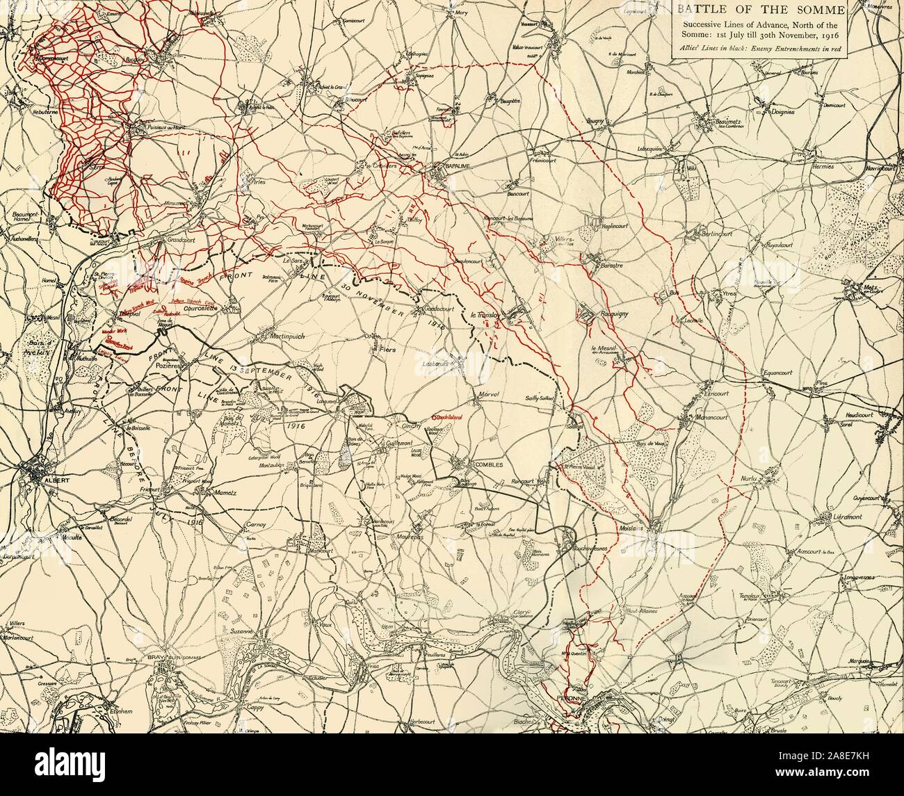 'Battle of the Somme', First World War, 1916, (c1920). 'Successive Lines of Advance, North of the Somme: 1st July till 30th November, 1916'. Map of northern France showing 'Allies' Lines in black, Enemy Entrenchments [Germans] in red'. From &quot;The Great World War: A History&quot;, Volume VI, edited by Frank A Mumby. [The Gresham Publishing Company Ltd, London, c1920] Stock Photo
