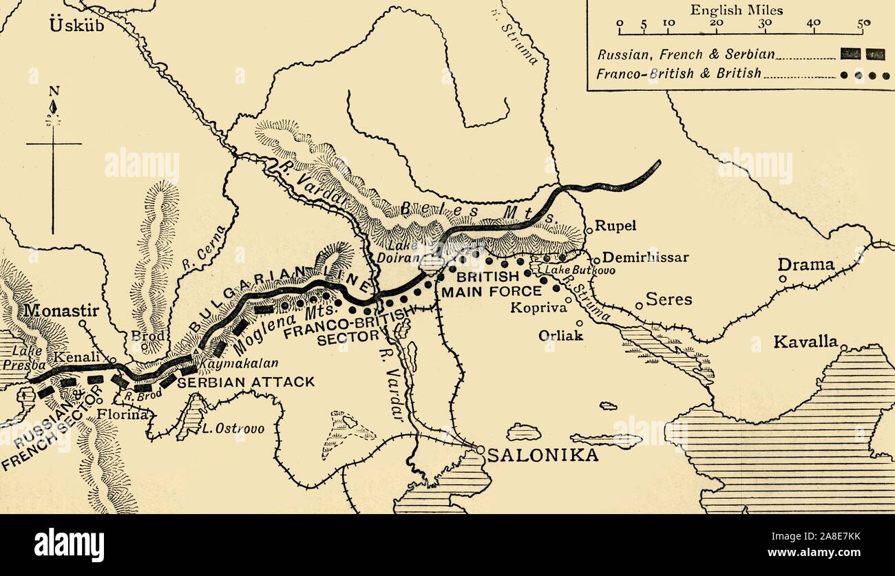 'The Allies' Line facing the Bulgarians in the closing Campaign of 1916', (c1920). Map of Salonika (Thessaloniki) in Greece, showing Allied positions during the First World War: Russian, French, Serbian, Franco-British and British. From &quot;The Great World War: A History&quot;, Volume VI, edited by Frank A Mumby. [The Gresham Publishing Company Ltd, London, c1920] Stock Photo