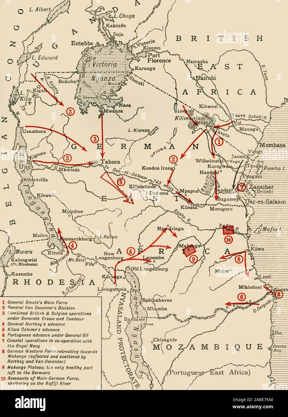 Colonial possessions in East Africa during the First World War, c1916, (c1920). Map showing German East Africa, British East Africa, the Belgian Congo, Rhodesia, Uganda, Nyasaland Protectorate and Mozambique (Portuguese East Africa). Also shown are the various positions of the combatant armies. From &quot;The Great World War: A History&quot;, Volume VI, edited by Frank A Mumby. [The Gresham Publishing Company Ltd, London, c1920] Stock Photo