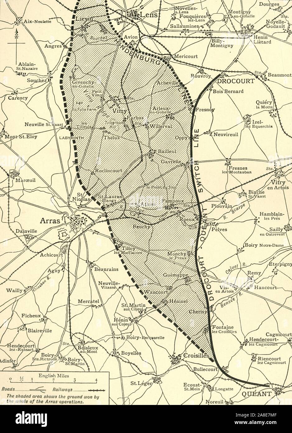 'The Battlefield of Arras', First World War, c1917, (c1920) '...map showing approximately (by the shaded portion) the ground won by the British armies up to the [German Field Marshal von] Hindenburg Line, and its switching-line between Drocourt and Qu&#xe9;ant, in the Battle of Arras'. From 9 April to 16 May 1917, British troops attacked German defences near the French city of Arras on the Western Front. From &quot;The Great World War: A History&quot;, Volume VII, edited by Frank A Mumby. [The Gresham Publishing Company Ltd, London, c1920] Stock Photo