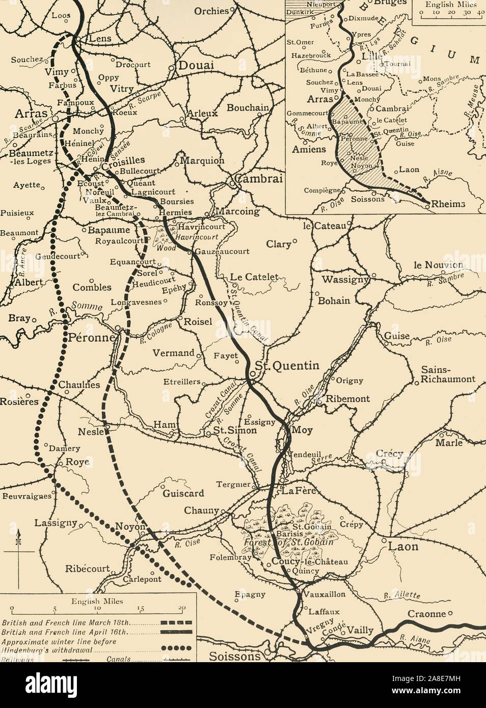 'Map illustrating the German Retirement after the Battle of the Somme', (c1920). The First World War Battle of the Somme, fought between the armies of the British Empire and French Third Republic against the German Empire, took place between 1 July and 18 November 1916 on both sides of the River Somme in northern France. Showing the British and French lines, 'Approximate winter line before [Field Marshal von] Hindenburg's withdrawal', railways and canals. From &quot;The Great World War: A History&quot;, Volume VII, edited by Frank A Mumby. [The Gresham Publishing Company Ltd, London, c1920] Stock Photo