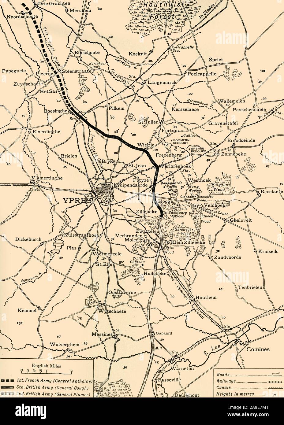 Map of Ypres, West Flanders, Belgium, First World War, (c1920). 'The Ypres Salient before the Battle of July 31, 1917: map showing the approximate positions of the Franco-British Line'. The Third Battle of Ypres, also known as the Battle of Passchendaele, took place on the Western Front from July to November 1917. It was fought between the British, Belgian and French armies against the Germans, and resulted in the deaths of hundreds of thousands of men. From &quot;The Great World War: A History&quot;, Volume VII, edited by Frank A Mumby. [The Gresham Publishing Company Ltd, London, c1920] Stock Photo