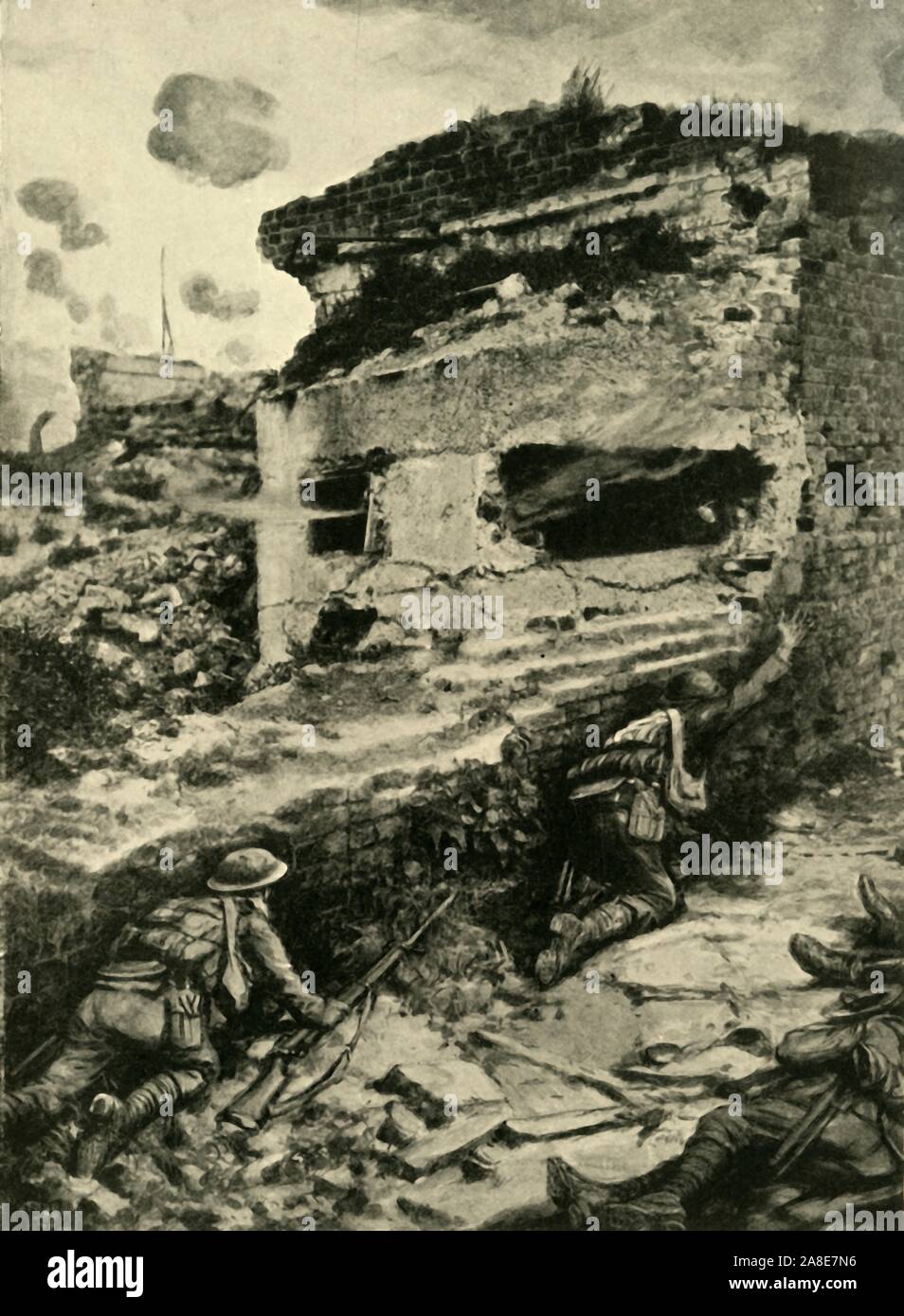 'The Enemy's New Defence System in 1917: attacking one of the German concrete gun emplacements', (c1920). Allied soldiers throw grenades into a pillbox during the First World War. From &quot;The Great World War: A History&quot;, Volume VII, edited by Frank A Mumby. [The Gresham Publishing Company Ltd, London, c1920] Stock Photo
