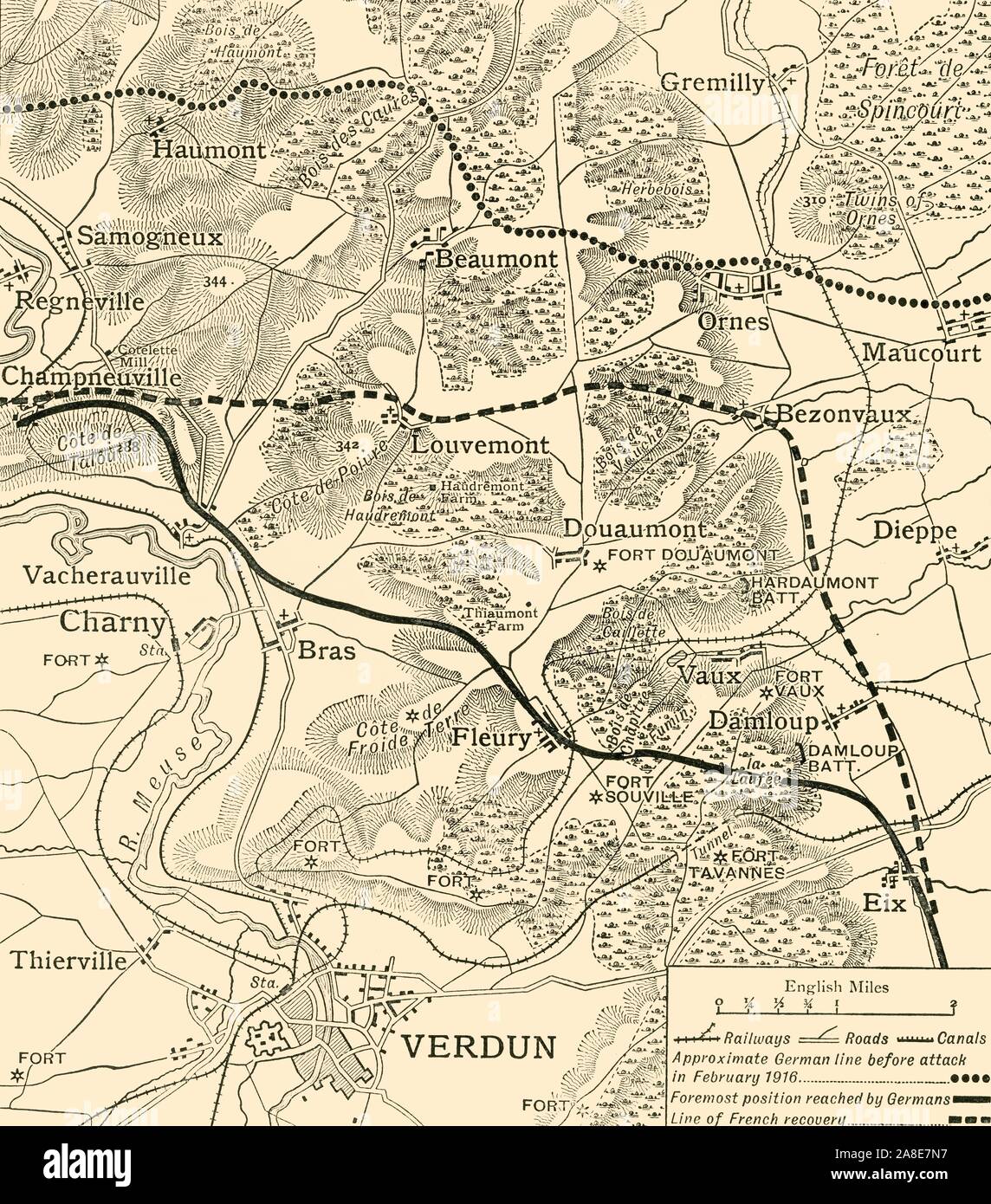 'The Mort Homme Area and the Defences on the West Side of the Meuse', 1916, (c1920). 'The Battles of Verdun, 1916; map...showing approximately the limits of the German advance and the region recaptured by the French by the end of the year'. Theatre of war on the Western Front, northern France, First World War. From &quot;The Great World War: A History&quot;, Volume VI, edited by Frank A Mumby. [The Gresham Publishing Company Ltd, London, c1920] Stock Photo