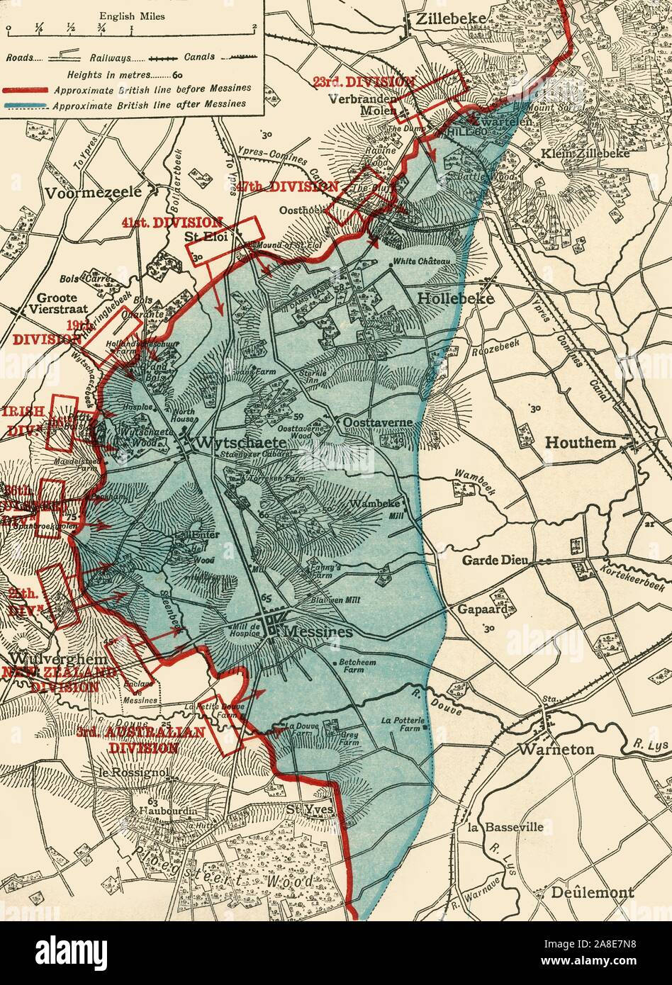 'Map to illustrate the Battle of Messines', First World War, June 1917, (c1920). The blue area shows ground gained from the Germans by the British under General Sir Herbert Plumer, 7-14 June 1917. The battle took place on the Western Front near the village of Messines in West Flanders, Belgium. From &quot;The Great World War: A History&quot;, Volume VII, edited by Frank A Mumby. [The Gresham Publishing Company Ltd, London, c1920] Stock Photo