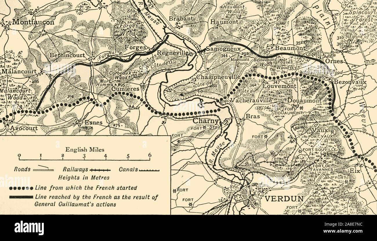 'Map illustrating the Operations at Verdun', First World War, August-November, 1917, (c1920). Map of the area around the town of Verdun in northern France, showing 'Line from which the French started', and 'Line reached by the French as the result of General [Adolphe] Guillaumat's actions'. From &quot;The Great World War: A History&quot;, Volume VII, edited by Frank A Mumby. [The Gresham Publishing Company Ltd, London, c1920] Stock Photo