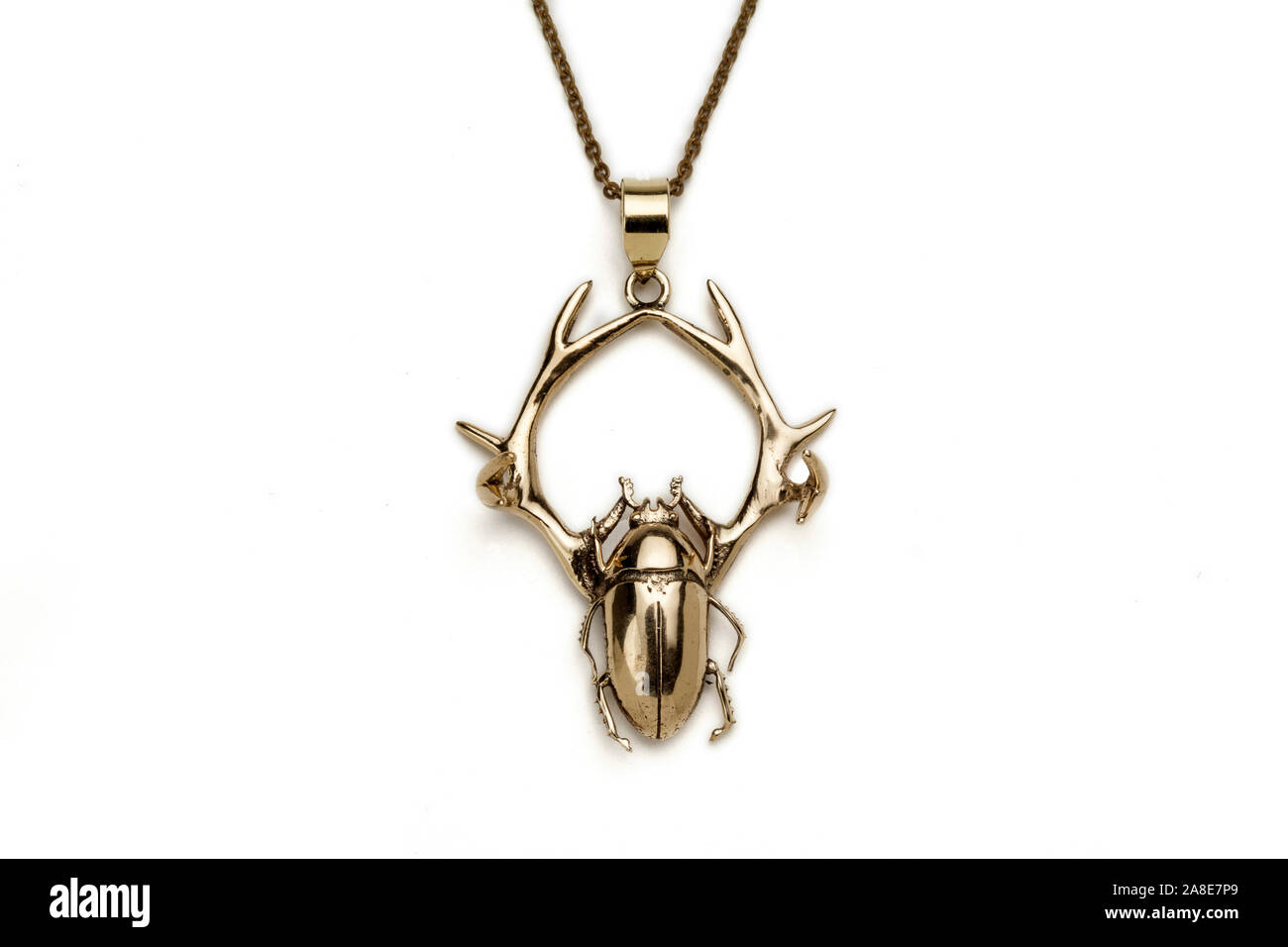 Brass stag beetle necklace pendant. Stock Photo