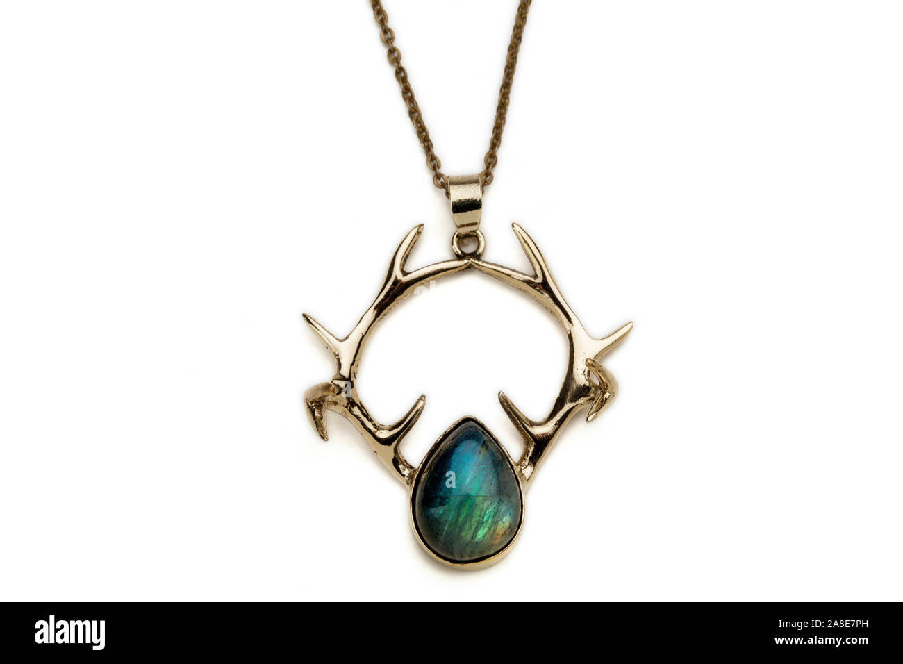 Silver stag antlers and labradorite necklace pendant. Stock Photo