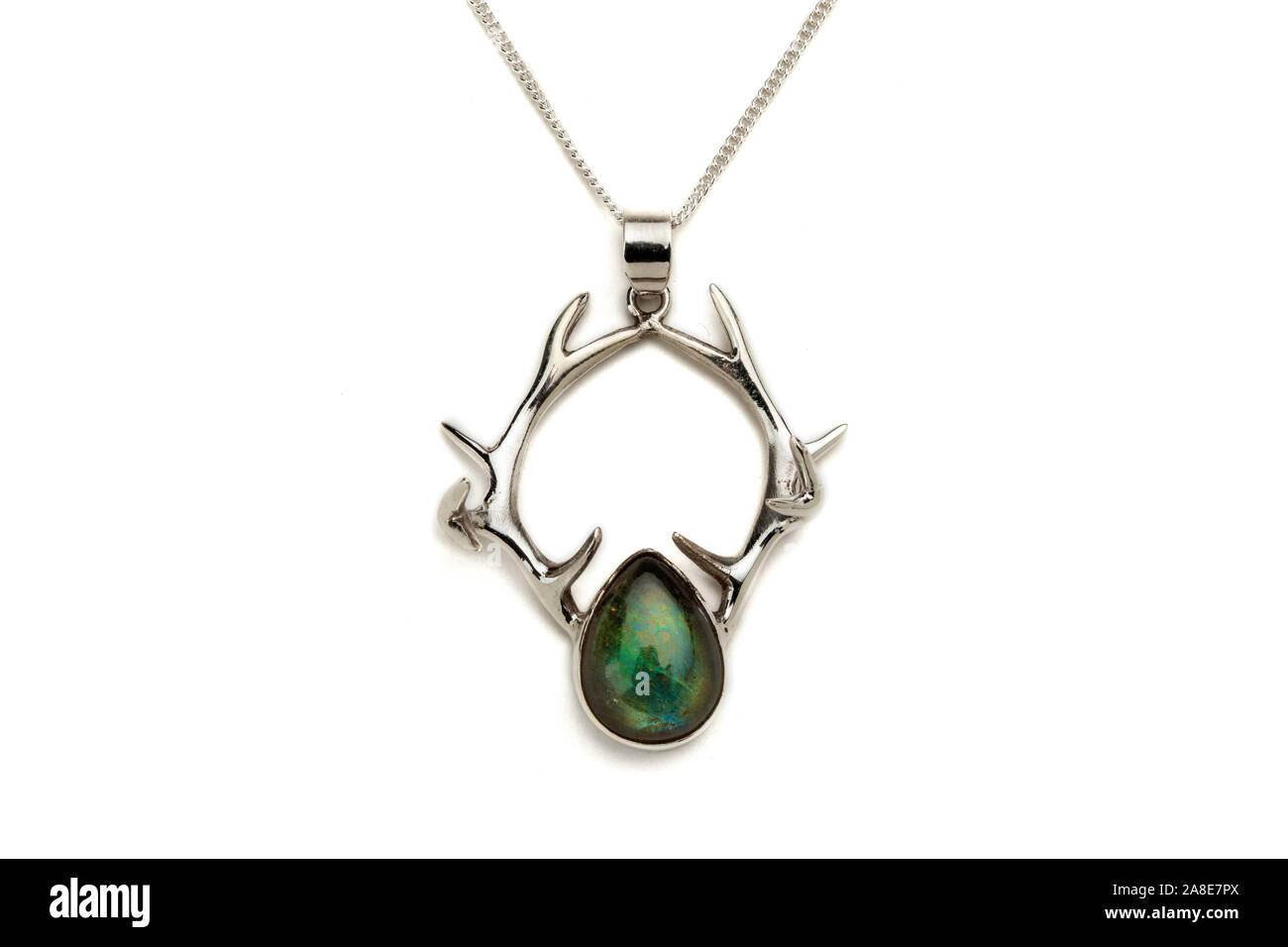 Silver stag antlers and labradorite necklace pendant Stock Photo