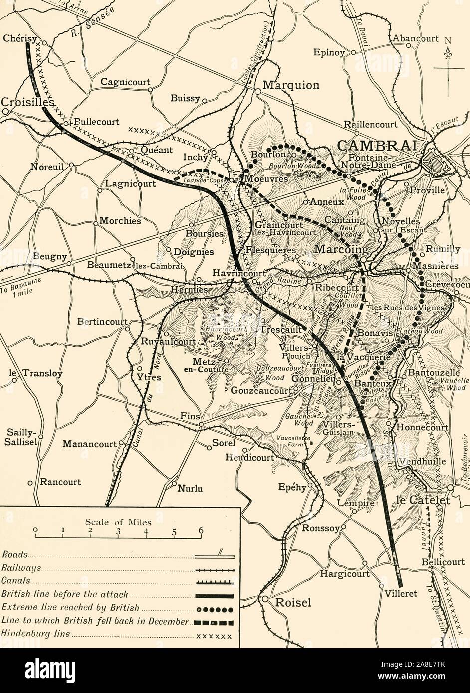 'Map illustrating the First Battles of Cambrai, November-December 1917', (c1920). 'Note - Hill shading is shown only in the area covered by the sphere of operations described'. The Battle of Cambrai during the First World War was fought around the town of Cambrai in northern France. Also indicated are: 'British line before attack', 'Extreme line reached by British', 'Line to which British fell back in December', and the 'Hindenburg line'. From &quot;The Great World War: A History&quot;, Volume VII, edited by Frank A Mumby. [The Gresham Publishing Company Ltd, London, c1920] Stock Photo