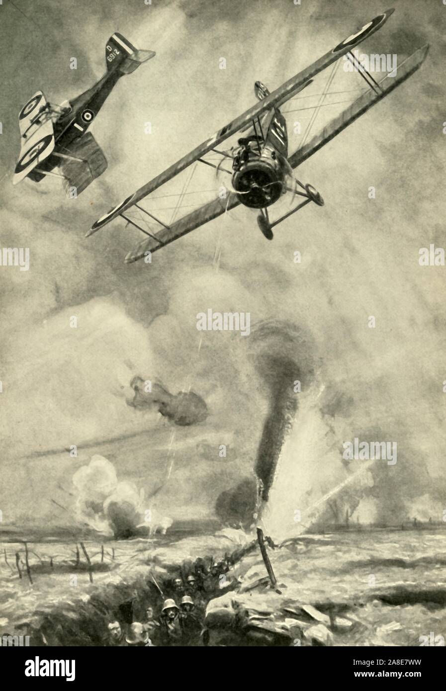 &quot;Trench Strafing&quot;, First World War, (c1920). 'British low-flying scouts co-operating in an infantry attack on the Western Front'. Biplanes shooting at Germans in the trenches. Drawn by Joseph Simpson. From &quot;The Great World War: A History&quot;, Volume IX, edited by Frank A Mumby. [The Gresham Publishing Company Ltd, London, c1920] Stock Photo