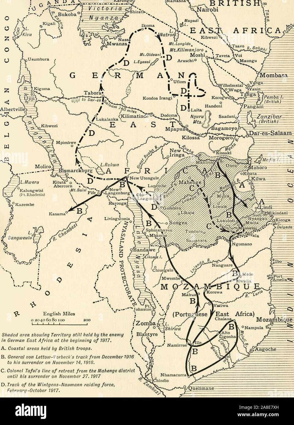 'Map illustrating the Closing Phases of the East African Campaign, 1917-18', (c1920). European powers in Africa during the First World War: 'Shaded area showing Territory still held by the enemy in German East Africa at the beginning of 1917; Coastal areas held by British troops; General von Lettow-Vorbeck's track from December 1916 to his surrender on November 14, 1918; Colonel Tafel's line of retreat from the Mohenge district until his surrender on November 27, 1918; Track of the Wintgens-Naumann raiding force, February-October 1917'. From &quot;The Great World War: A History&quot;, Volume I Stock Photo