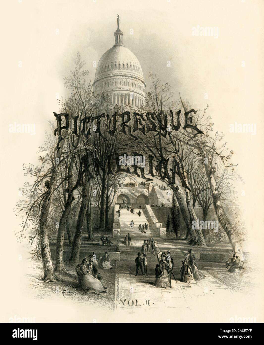 'Dome of the Capitol', 1874. The Capitol Building in Washington DC. USA, with rustic lettering. Title page from &quot;Picturesque America; or, The Land We Live In, A Delineation by Pen and Pencil of the Mountains, Rivers, Lakes...with Illustrations on Steel and Wood by Eminent American Artists&quot; Vol. II, edited by William Cullen Bryant. [D. Appleton and Company, New York, 1874] Stock Photo