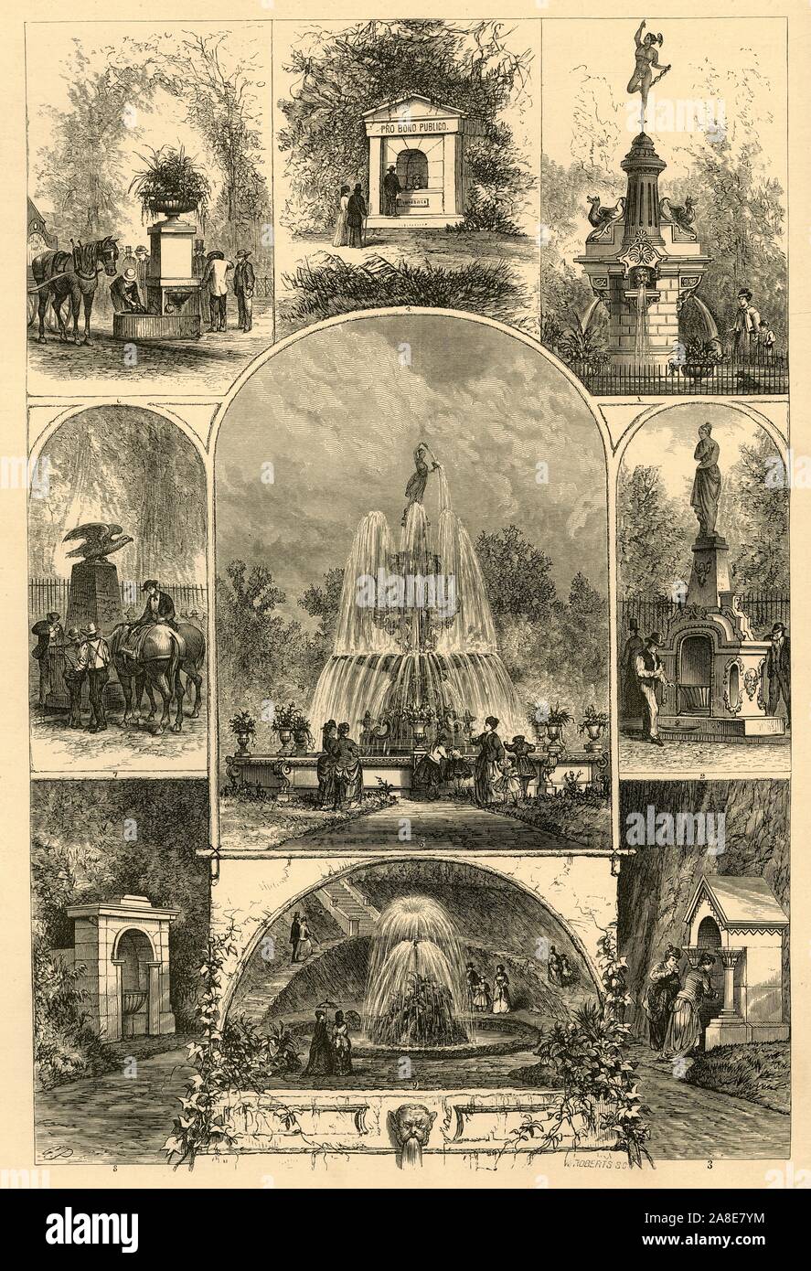 'Fountains in Philadelphia', 1874. Horse troughts and fountains in public parks and gardens in Philadelphia, Pennsylvania, USA. 'The thirsty wayfarer, whether man or beast, will find no lack of fountains whereat to quench his thirst in Philadelphia. There are scores of these grateful drinking-places on the high- and by-ways of the city and suburbs, some of them, as may be seen by the accompanying illustration, not without a picturesque or artistic beauty and fitness in their design, which does not render the water less refreshing or the pilgrim less appreciative. These street fountains are due Stock Photo