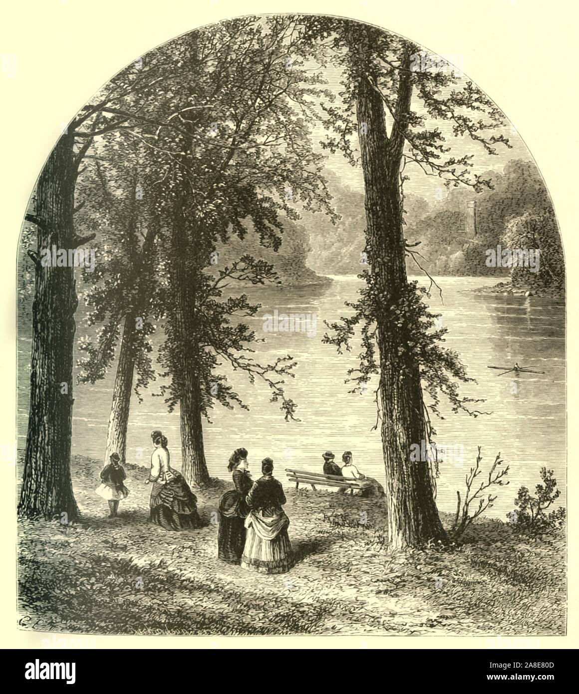 'The Schuylkill - View from Landsdowne', 1874. The River Schuylkill at Lansdowne, Pennsylvania, USA. 'From the heights of Landsdowne there is a wider scope of vision. Seated on the rustic benches, overshadowed by stately trees of almost a primeval growth, the lounger may enjoy one of the most delightful bits of river-scenery of the milder order which our country affords'. From &quot;Picturesque America; or, The Land We Live In, A Delineation by Pen and Pencil of the Mountains, Rivers, Lakes...with Illustrations on Steel and Wood by Eminent American Artists&quot; Vol. II, edited by William Cull Stock Photo