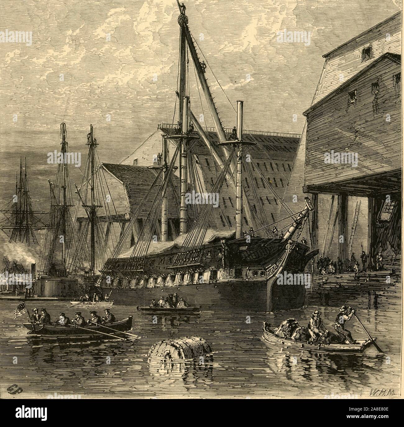 'Navy Yard', 1874. Ships on the Delaware River at Philadelphia, Pennsylvania, USA. The Philadelphia Naval Shipyard was the first shipyard to be built for the US Navy, and was in use from 1801 until its closure in 1995. 'To the south [the artist's] roving eye will first be caught by the old Navy- Yard, with its ark-like ship-houses, its tiers of masts and docks, and the green oases of its officers' quarters'. From &quot;Picturesque America; or, The Land We Live In, A Delineation by Pen and Pencil of the Mountains, Rivers, Lakes...with Illustrations on Steel and Wood by Eminent American Artists& Stock Photo