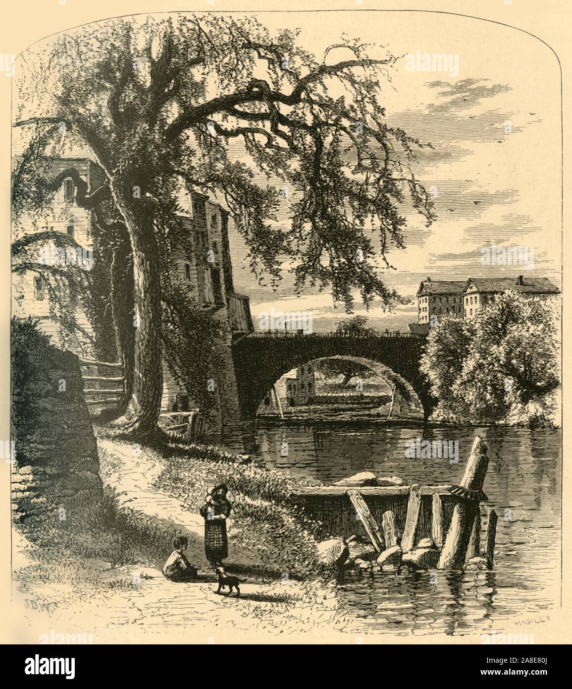 'Main-Street Bridge, Hartford', 1874. Stone Bridge over the Park River, Hartford, Connecticut, USA. The bridge was built in 1833. From &quot;Picturesque America; or, The Land We Live In, A Delineation by Pen and Pencil of the Mountains, Rivers, Lakes...with Illustrations on Steel and Wood by Eminent American Artists&quot; Vol. II, edited by William Cullen Bryant. [D. Appleton and Company, New York, 1874] Stock Photo