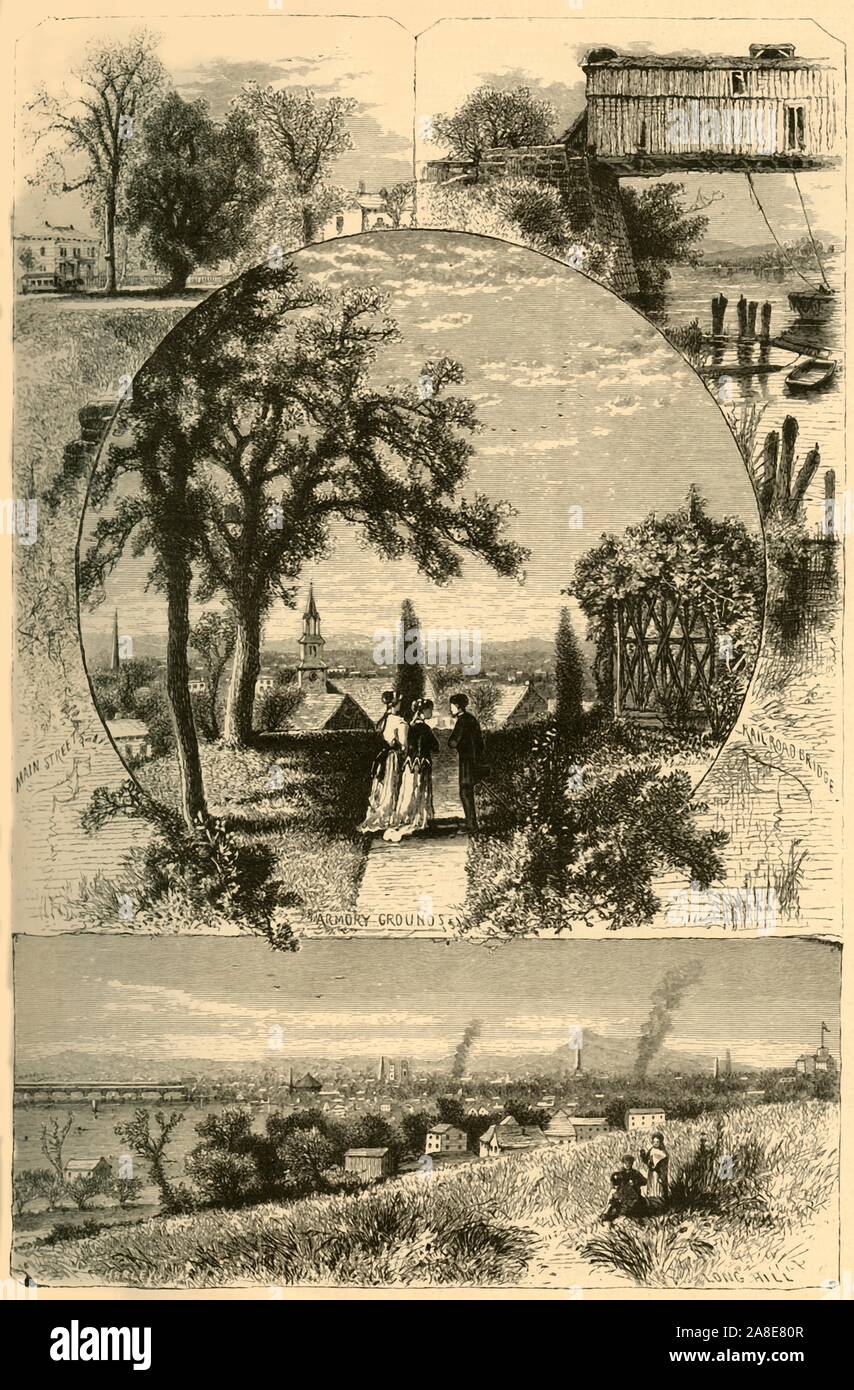 'Scenes at Springfield', 1874. Main Street, Armoury Grounds, (covered) Railroad Bridge, and Long Hill, Connecticut, USA. From &quot;Picturesque America; or, The Land We Live In, A Delineation by Pen and Pencil of the Mountains, Rivers, Lakes...with Illustrations on Steel and Wood by Eminent American Artists&quot; Vol. II, edited by William Cullen Bryant. [D. Appleton and Company, New York, 1874] Stock Photo