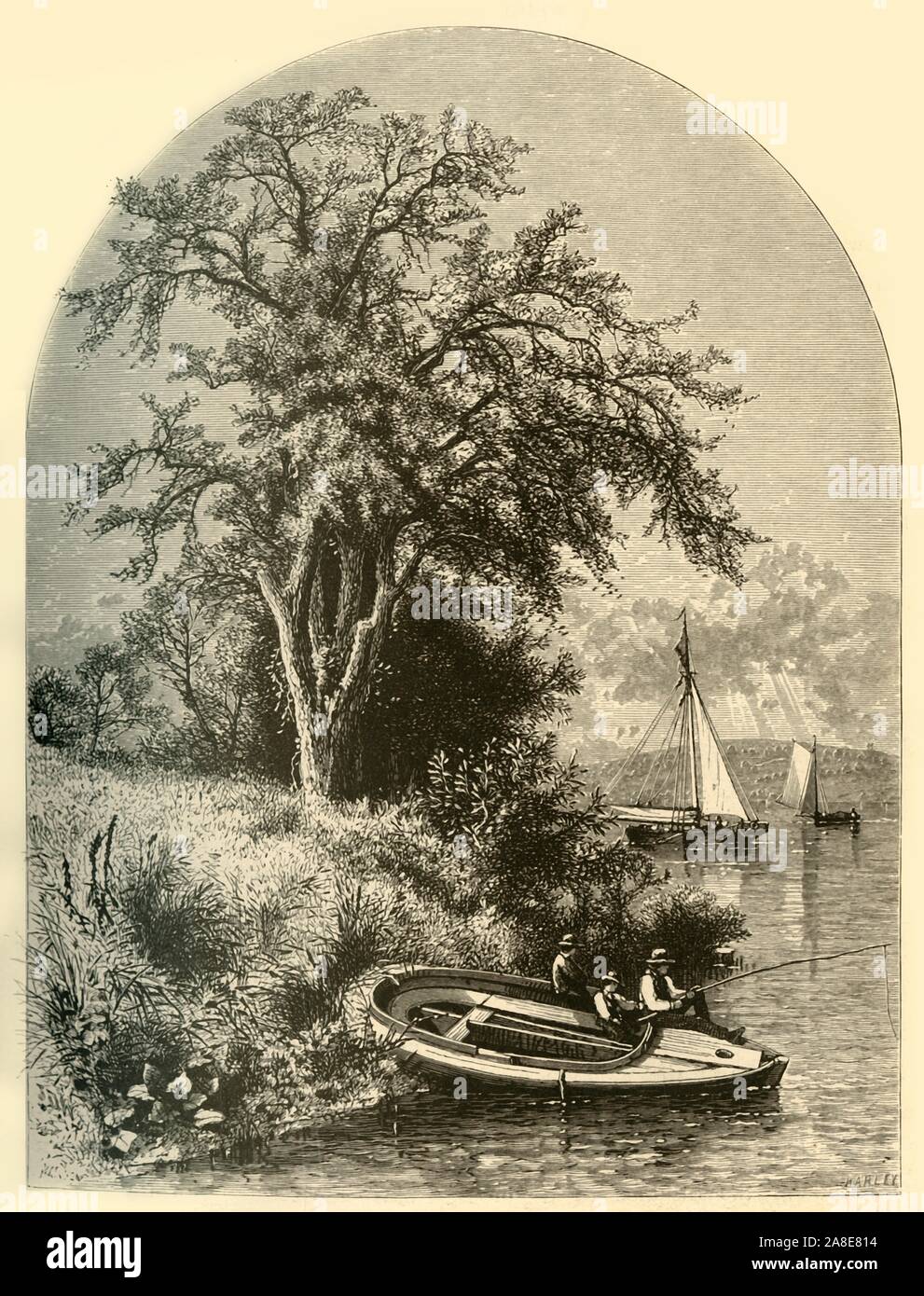 'The Valley of the Connecticut', 1874. Fishing on the Connecticut River, USA. 'Among the hills of New Hampshire and Vermont the queen of our New-England rivers takes its rise. Flowing in a nearly southerly direction for four hundred miles, it forms the dividing line between the two States in which It had its birth. Crossing the States of Massachusetts and Connecticut, it empties into the Long-Island Sound'. From &quot;Picturesque America; or, The Land We Live In, A Delineation by Pen and Pencil of the Mountains, Rivers, Lakes...with Illustrations on Steel and Wood by Eminent American Artists&q Stock Photo