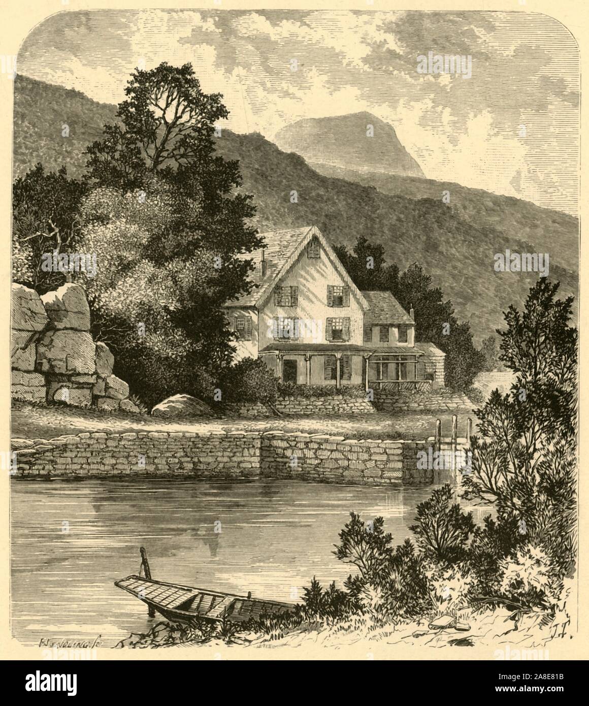 'Terrace House and Thorn Mountain', 1874. House with porch by a river in New Jersey, USA. '...Terrace House, which is overlooked by a towering mountain-peak...'. From &quot;Picturesque America; or, The Land We Live In, A Delineation by Pen and Pencil of the Mountains, Rivers, Lakes...with Illustrations on Steel and Wood by Eminent American Artists&quot; Vol. II, edited by William Cullen Bryant. [D. Appleton and Company, New York, 1874] Stock Photo