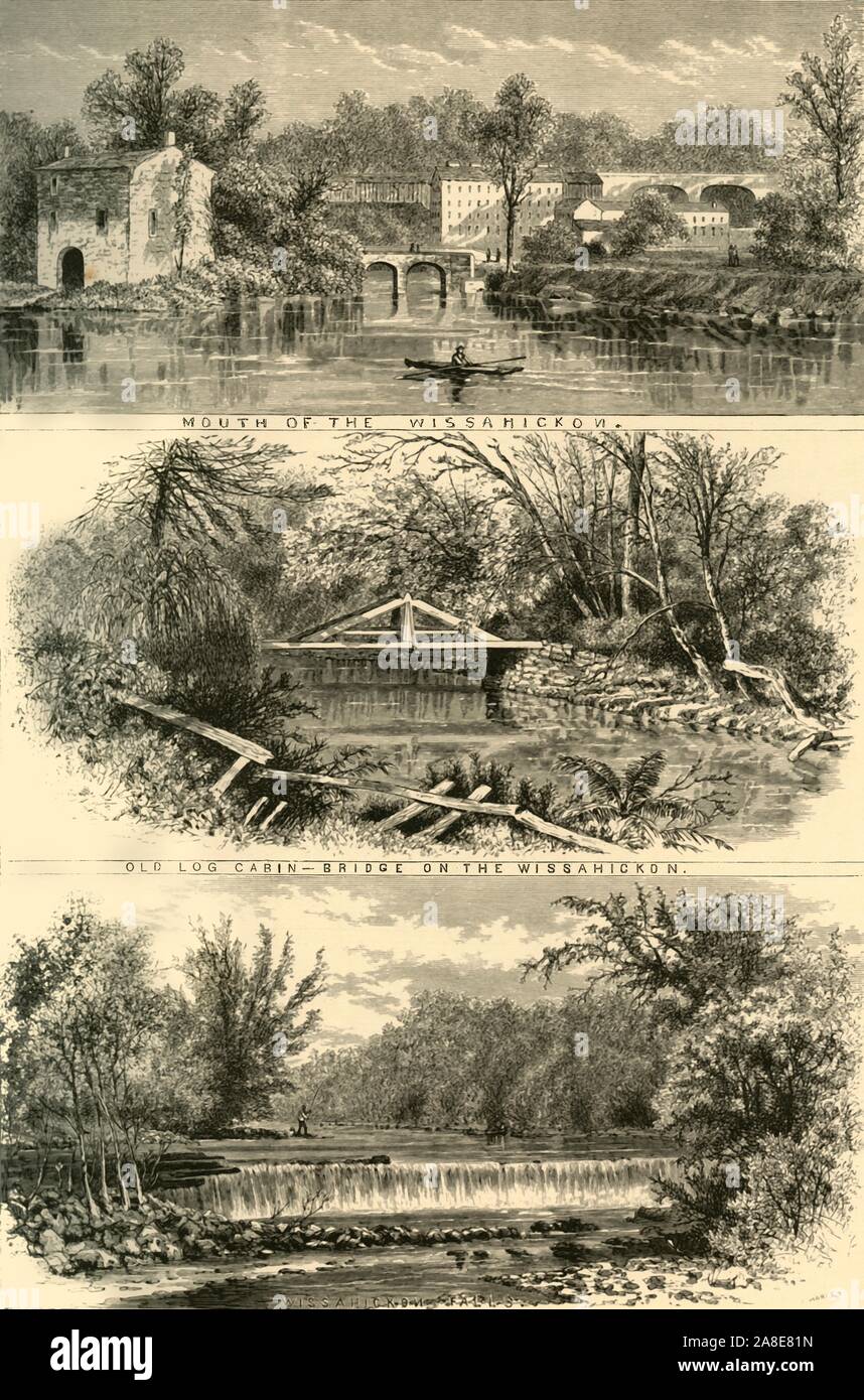 'Scenes on the Wissahickon', 1874. 'Mouth of the Wissahickon, Old Log Cabin - Bridge...Falls', Wissahickon Creek, Philadelphia, Pennsylvania, USA. 'Its water-power has been made available for manufacturing purposes; but, as it has lately been included within the limits of Fairmount Park, it is understood that the unromantic mill-buildings will be soon removed, and nothing allowed to remain which can in any way interfere with its wild and picturesque beauty..., these objectionable structures are not wholly unsightly; and the factories...are so shaded by foliage that, in conjunction with the arc Stock Photo