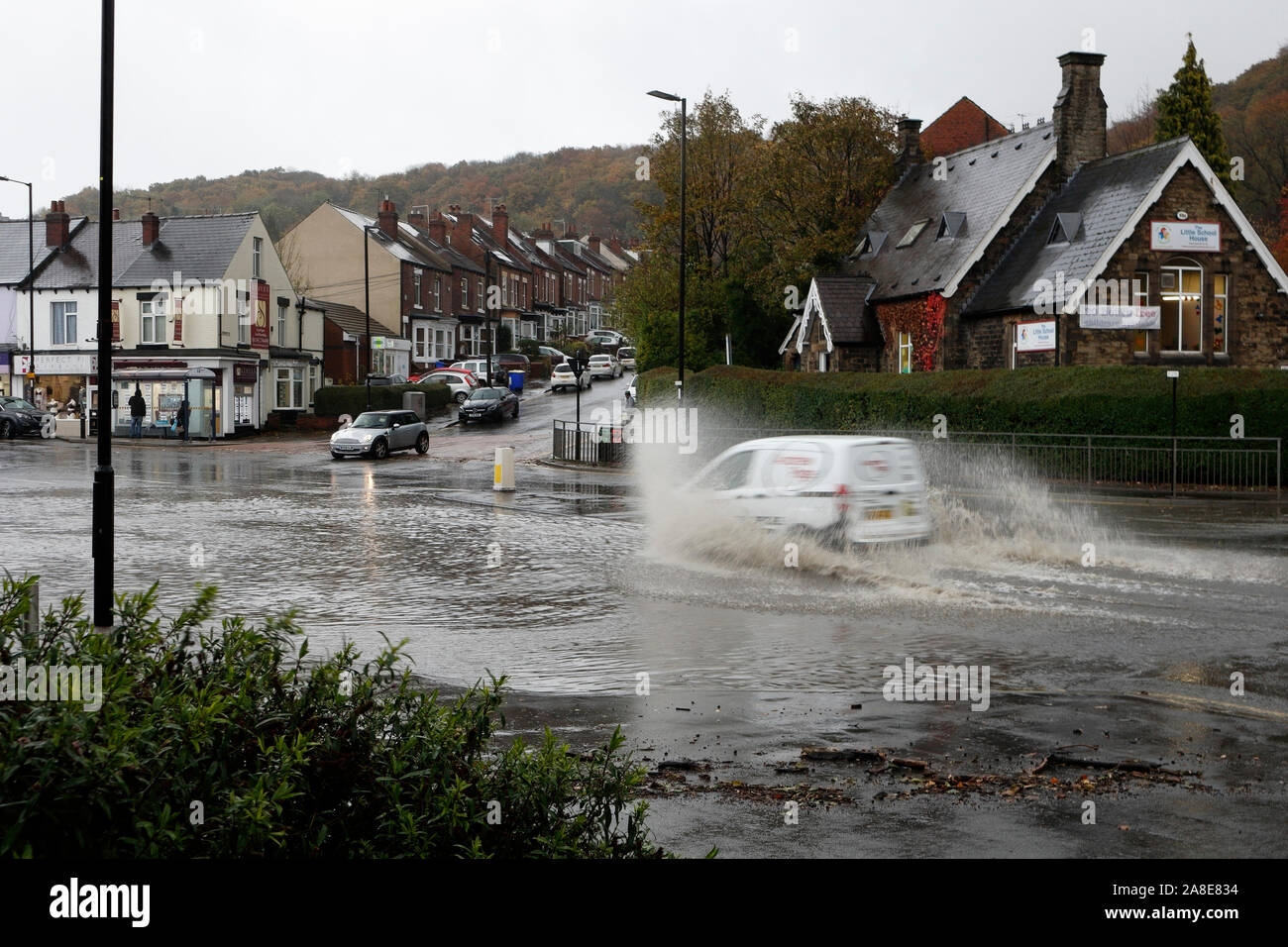 Heavy rain causing flooding of Chesterfield Road, Sheffield England UK