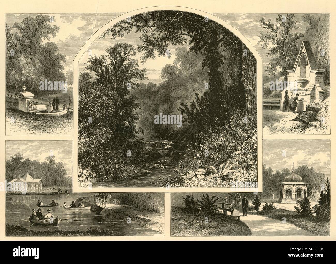 'Scenes in Druid Hill Park', 1874. Waterfall, drinking fountain, boating lake and bandstand in Baltimore, Maryland, USA. 'Druid-Hill Park lies immediately on the northern suburbs of the city, and embraces nearly seven hundred acres of well-diversified surface...Quiet, sequestered dells, and cool, shaded valleys, watered by streams and rejoicing in springs of the purest water; drives that wind through meadows and woods; bridle-paths and foot-ways that seldom leave the welcome shadow of the trees, render the park one of great rural beauty and sylvan seclusion. It is indeed not a made show-ground Stock Photo