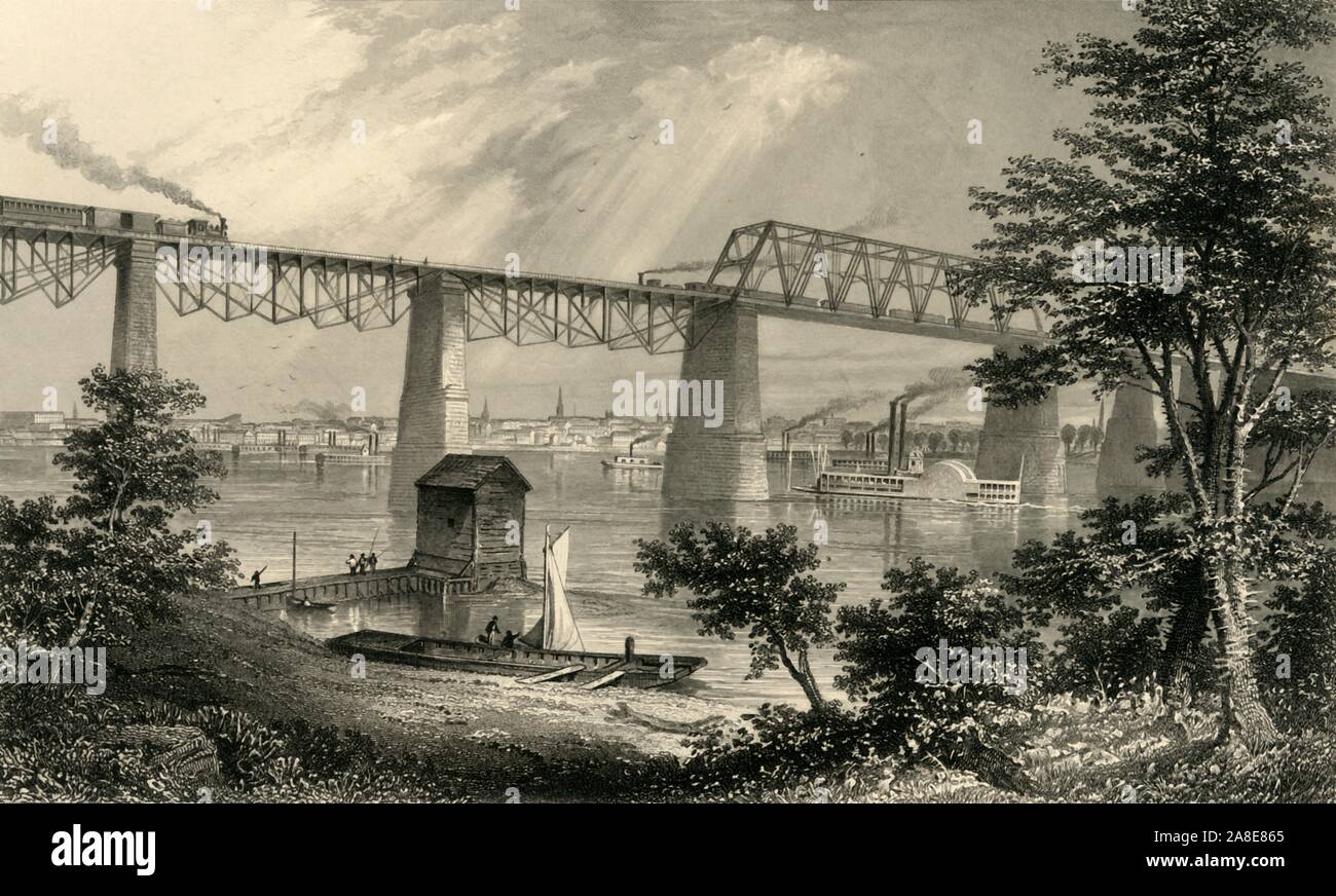 'City of Louisville', 1874. Steam locomotives on the Fourteenth Street Bridge and paddles steamers on the Ohio River at Louisville, Kentucky, USA. The Fourteenth Street Bridge was a truss drawbridge, also known as the Ohio Falls Bridge, built by the Louisville Bridge Company and completed in 1870. From &quot;Picturesque America; or, The Land We Live In, A Delineation by Pen and Pencil of the Mountains, Rivers, Lakes...with Illustrations on Steel and Wood by Eminent American Artists&quot; Vol. II, edited by William Cullen Bryant. [D. Appleton and Company, New York, 1874] Stock Photo