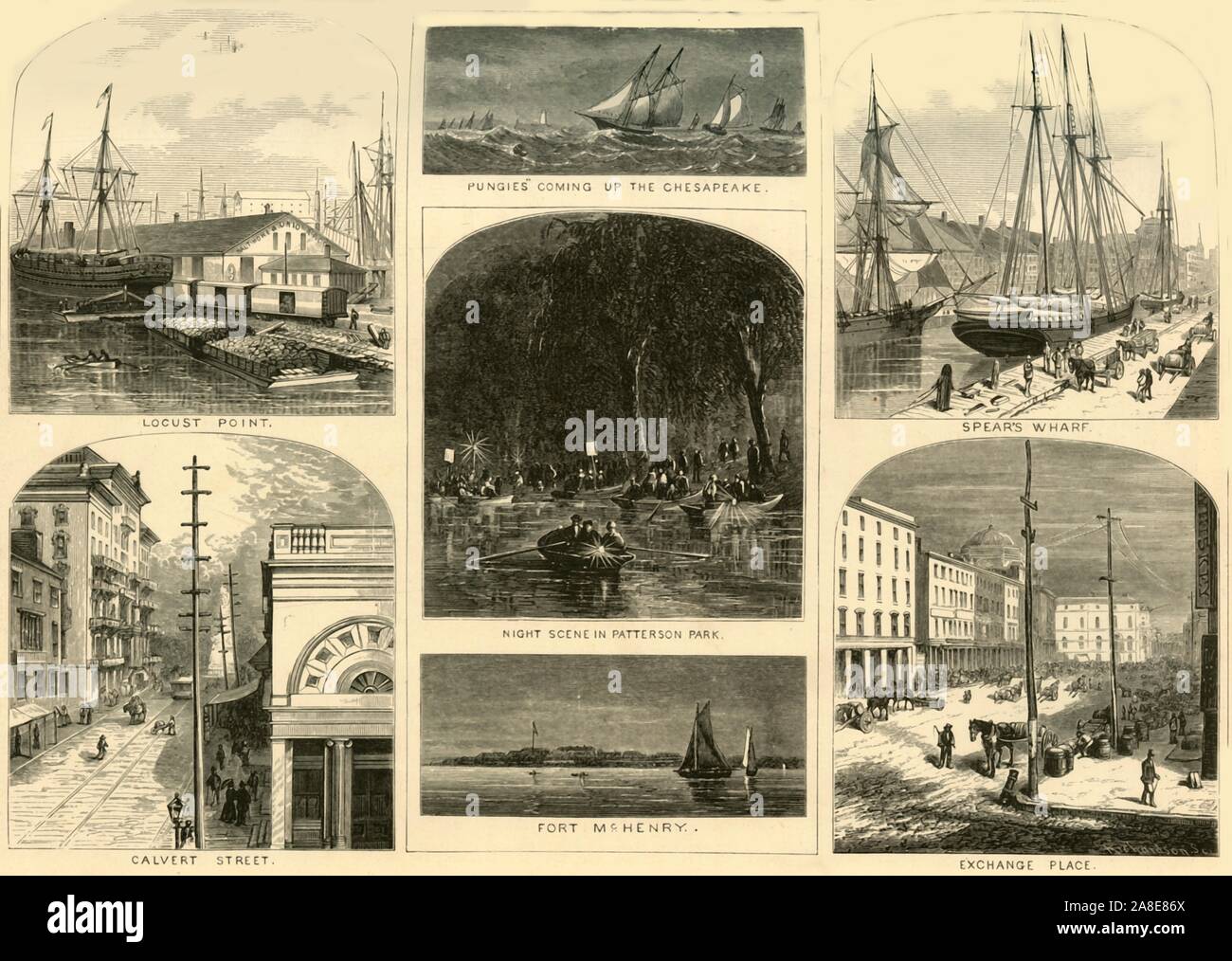 'Scenes in Baltimore', 1874. Places in the city of Baltimore, Maryland, USA: 'Locust Point, &quot;Pungies&quot; [schooners] coming up the Chesapeake, Spear's Wharf, Calvert Street, Night Scene in Patterson Park, Fort McHenry, Exchange Place'. From &quot;Picturesque America; or, The Land We Live In, A Delineation by Pen and Pencil of the Mountains, Rivers, Lakes...with Illustrations on Steel and Wood by Eminent American Artists&quot; Vol. II, edited by William Cullen Bryant. [D. Appleton and Company, New York, 1874] Stock Photo