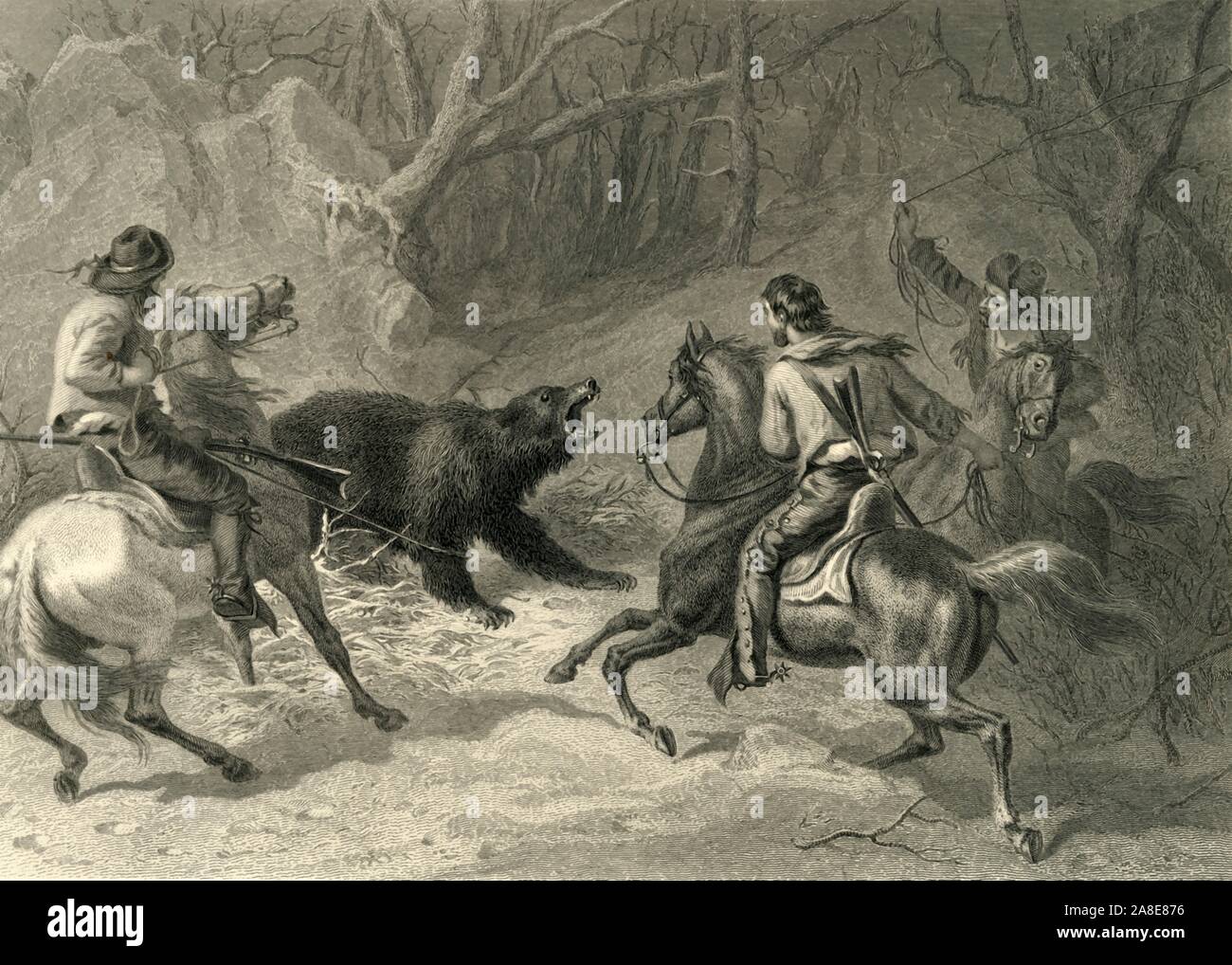 'Native Californians Lassoing a Bear', 1874. Three American men on horseback attempt to rope a grizzly bear. From &quot;Picturesque America; or, The Land We Live In, A Delineation by Pen and Pencil of the Mountains, Rivers, Lakes...with Illustrations on Steel and Wood by Eminent American Artists&quot; Vol. II, edited by William Cullen Bryant. [D. Appleton and Company, New York, 1874] Stock Photo
