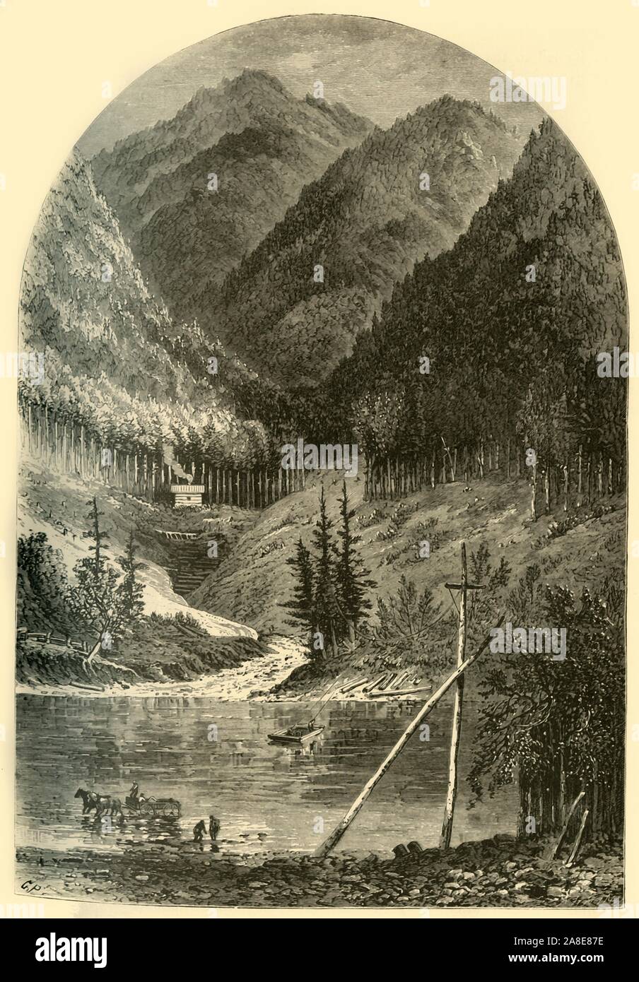 'Ferry at Renovo', 1874. River crossing at Renovo, Pennsylvania, USA. 'There is a mountain-road here which penetrates through the country to the southward, and the teams cross the river in a dreadfully rickety ferry. This is a species of flat-boat, which is propelled across by a man hauling on a rope suspended from the high south bank to a huge pole on the other shore. In the wintry days, when the river is turbulent and the winds are high, the crossing here is not very pleasant; but in the jolly summer-tide it becomes a kind of pastime, and the visitors from large cities are so amused at this Stock Photo