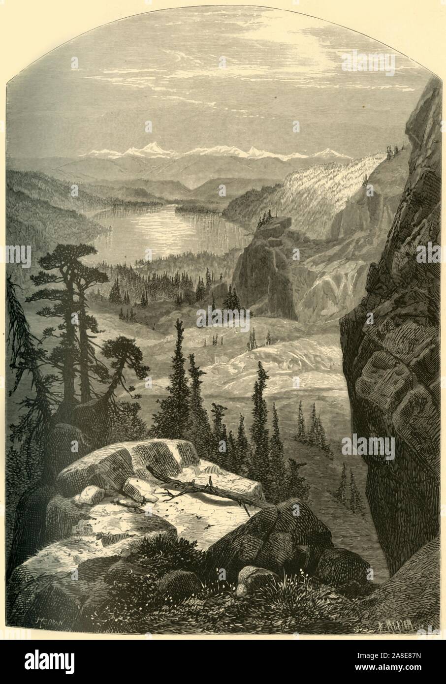 'Donner Lake, Nevada', 1874. View of Donner Lake, a freshwater lake in Northeast California on the eastern slope of the Sierra Nevada, USA. 'The great sheet of clear and beautiful water lies high up in the mountains, between steep sides, and in the midst of the wildest and most picturesque of the scenery of the Sierra summits. The depth of the lake is very great, but its waters are so transparent that one can look down many fathoms into them; they are unsullied by any disturbance of soil or sand, for they lie in a bed formed almost entirely of the solid rock'. From &quot;Picturesque America; o Stock Photo