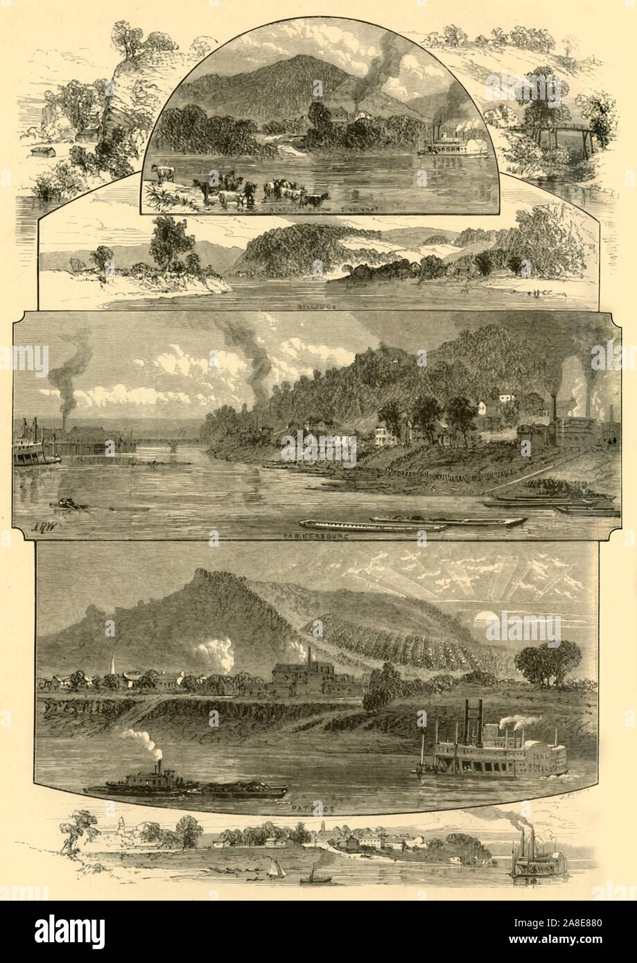 'Scenes on the Ohio, Above and Below Cincinnati', 1874. 'Vineyards below Cincinatti; Parkersburg; Patriot', on the Ohio River, Indiana and Ohio, USA. At bottom right is the 'General Buell' paddle steamer. From &quot;Picturesque America; or, The Land We Live In, A Delineation by Pen and Pencil of the Mountains, Rivers, Lakes...with Illustrations on Steel and Wood by Eminent American Artists&quot; Vol. II, edited by William Cullen Bryant. [D. Appleton and Company, New York, 1874] Stock Photo