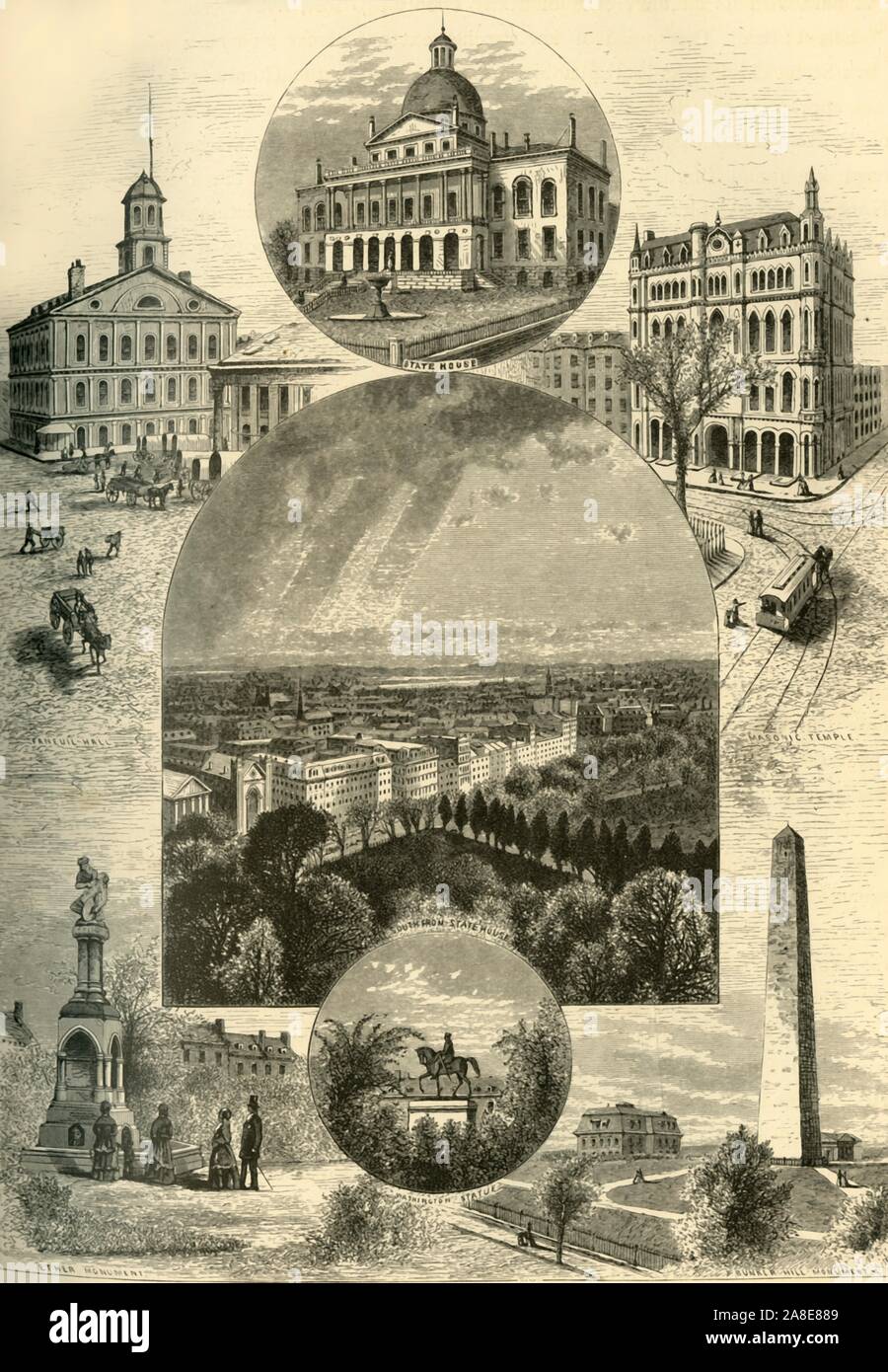 'Boston Scenes', 1874. 'Faneuil Hall, State House, Masonic Temple, [view] South from State House, Ether Monument, Washington Statue, Bunker Hill Monument', Boston, Massachusetts, USA. From &quot;Picturesque America; or, The Land We Live In, A Delineation by Pen and Pencil of the Mountains, Rivers, Lakes...with Illustrations on Steel and Wood by Eminent American Artists&quot; Vol. II, edited by William Cullen Bryant. [D. Appleton and Company, New York, 1874] Stock Photo